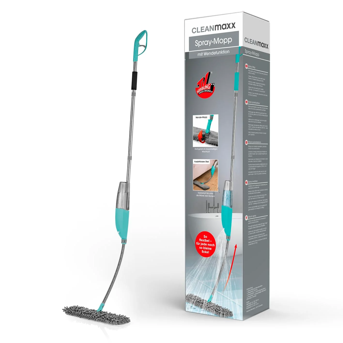 CLEANmaxx Spray-Mopp mit Wendefunktion | Bodenwischer mit Sprühfunktion & flexiblem Teleskopstiel | Wendefunktion zur einfachen Nass- und Trockenreinigung, auch für empfindliche Böden - Image 2
