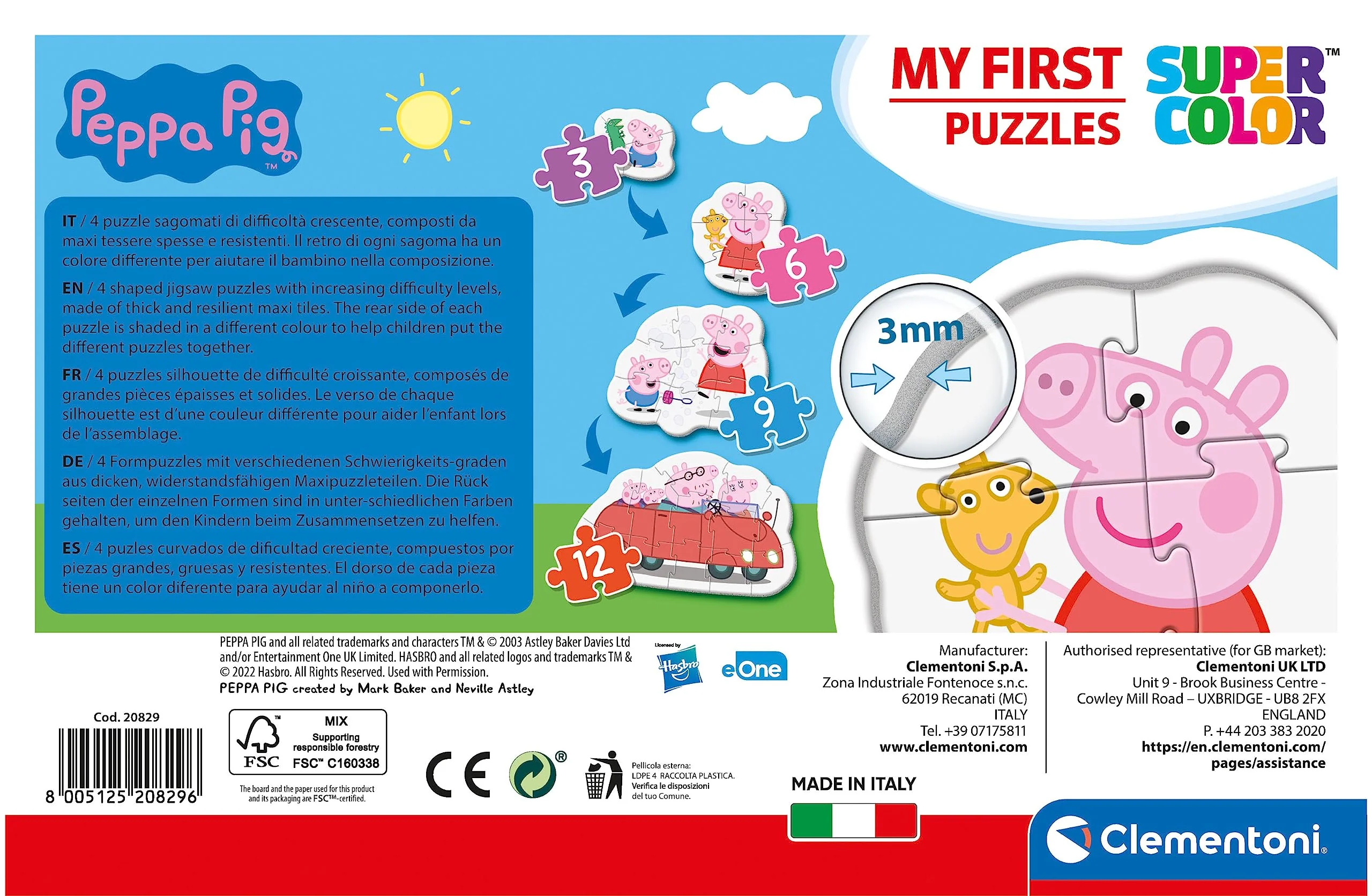 Clementoni 20829 Supercolor Peppa Pig – Puzzle 3 + 6 + 9 + 12 Teile ab 2 Jahren, buntes Kinderpuzzle mit besonderer Leuchtkraft & Farbintensität, Geschicklichkeitsspiel für Kinder - Image 3