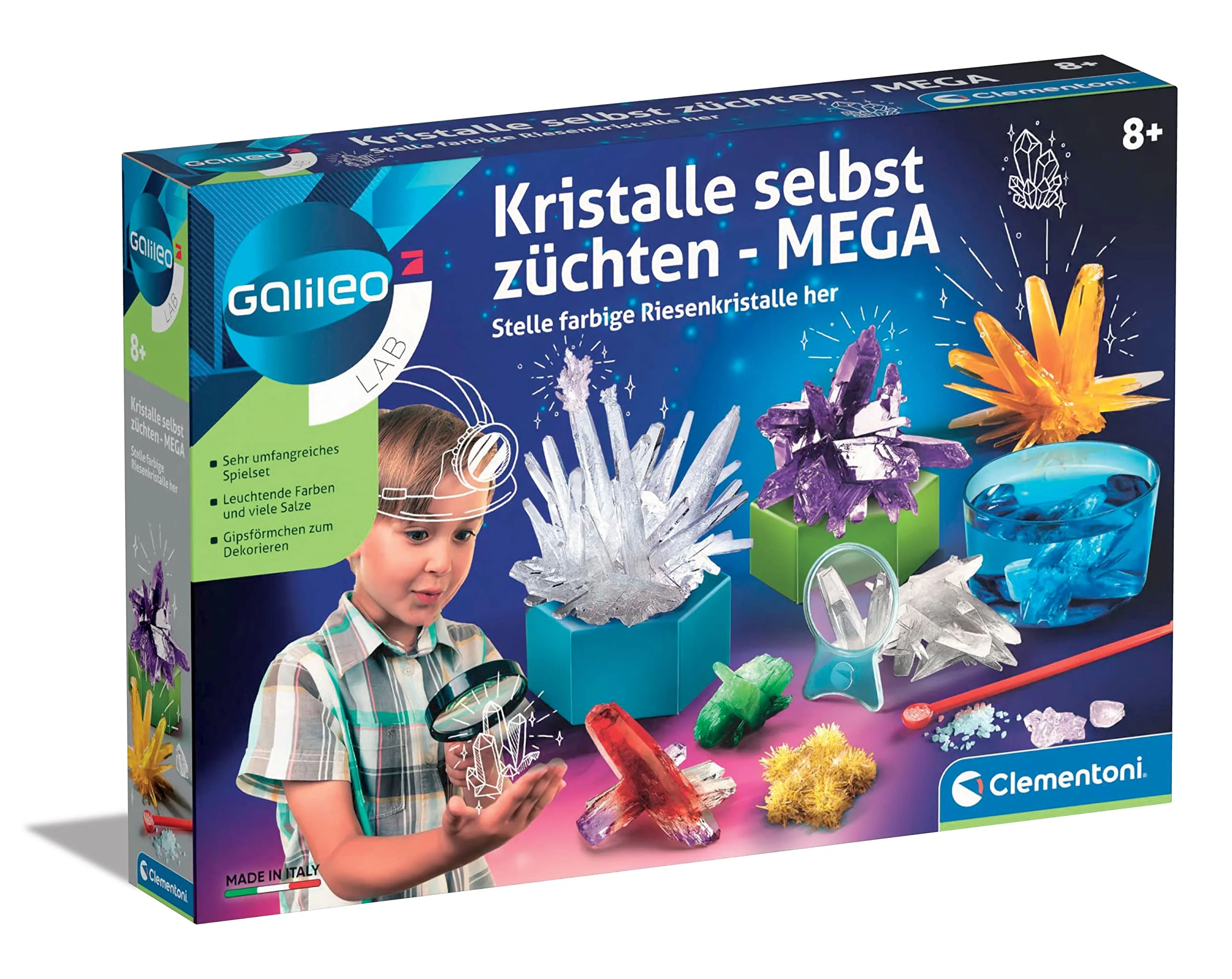 Clementoni Galileo Lab – Kristalle selbst züchten Mega, Experimentierkasten für Kinder ab 8 Jahren, farbenfrohe Experimente fürs Kinderzimmer, Clementoni 59130