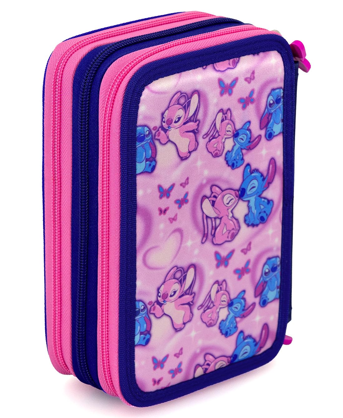 Clondo Mädchen Federmäppchen 3-Fach gefüllt, Für Stitch und Angel Fan, 45-TLG., Rosa, Radierbare Gelstifte, Filzstifte, Buntstifte, Schere, Kleber, Mit Reißverschlussfächern - Image 4