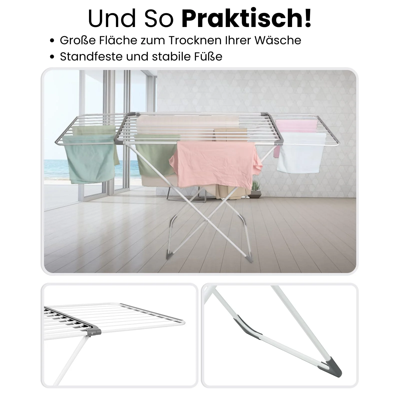 Coastech Wäscheständer - Ausziehbarer Wäscheständer für stabiles, rutschfestes und platzsparendes Wäschetrocknen - 136cm x 5.5cm x 57cm - Image 3