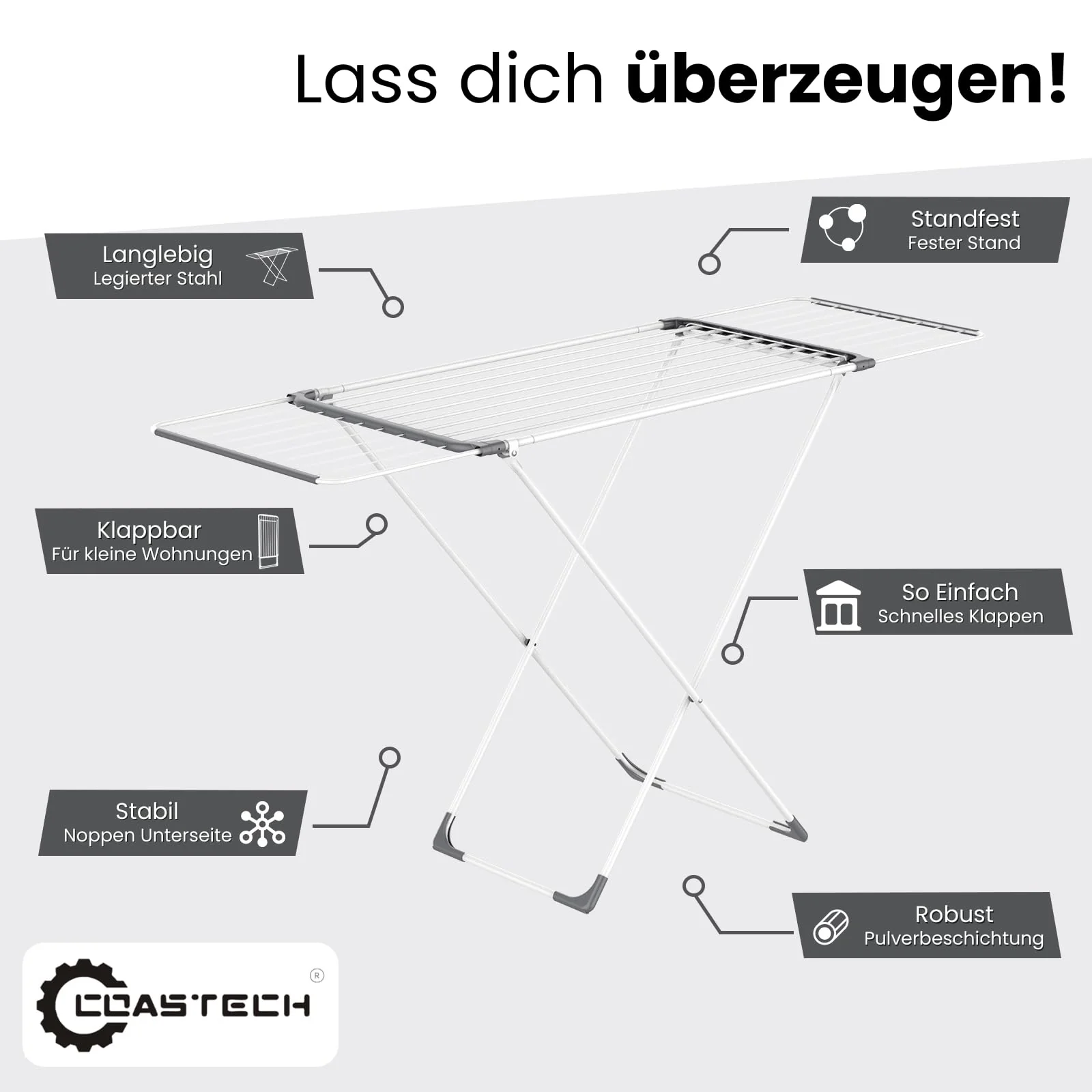 Coastech Wäscheständer - Ausziehbarer Wäscheständer für stabiles, rutschfestes und platzsparendes Wäschetrocknen - 136cm x 5.5cm x 57cm - Image 5