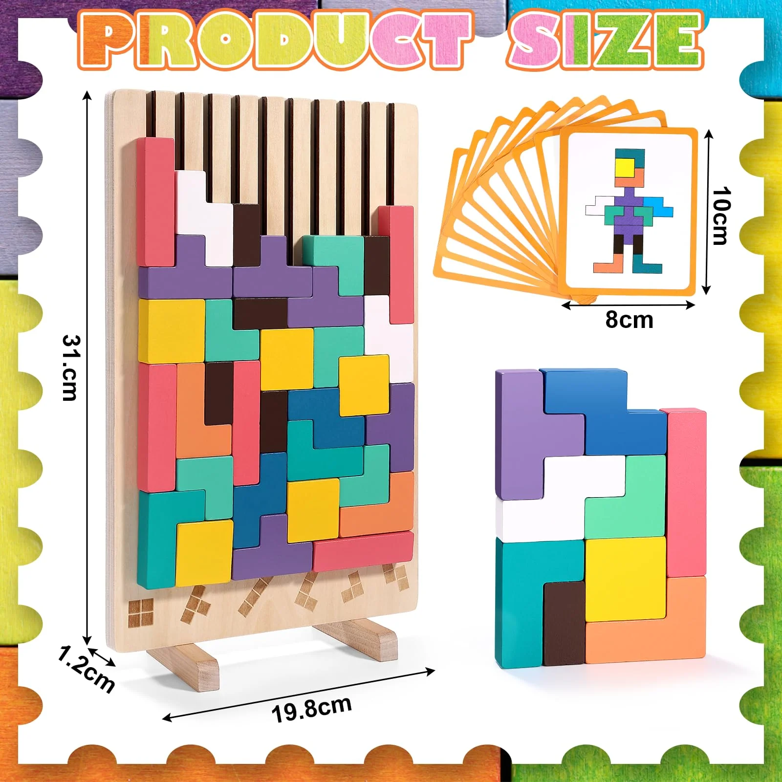 Cofvetia Tetris Holzspiel, Montessori Spielzeug Sensorik Bausteine Puzzle Stapelspiel mit 42 Steinen und 10 Herausforderungskarten Bunte, Geometrische Blöcke, Geschenk für Kinder Jungen Mädchen - Image 7