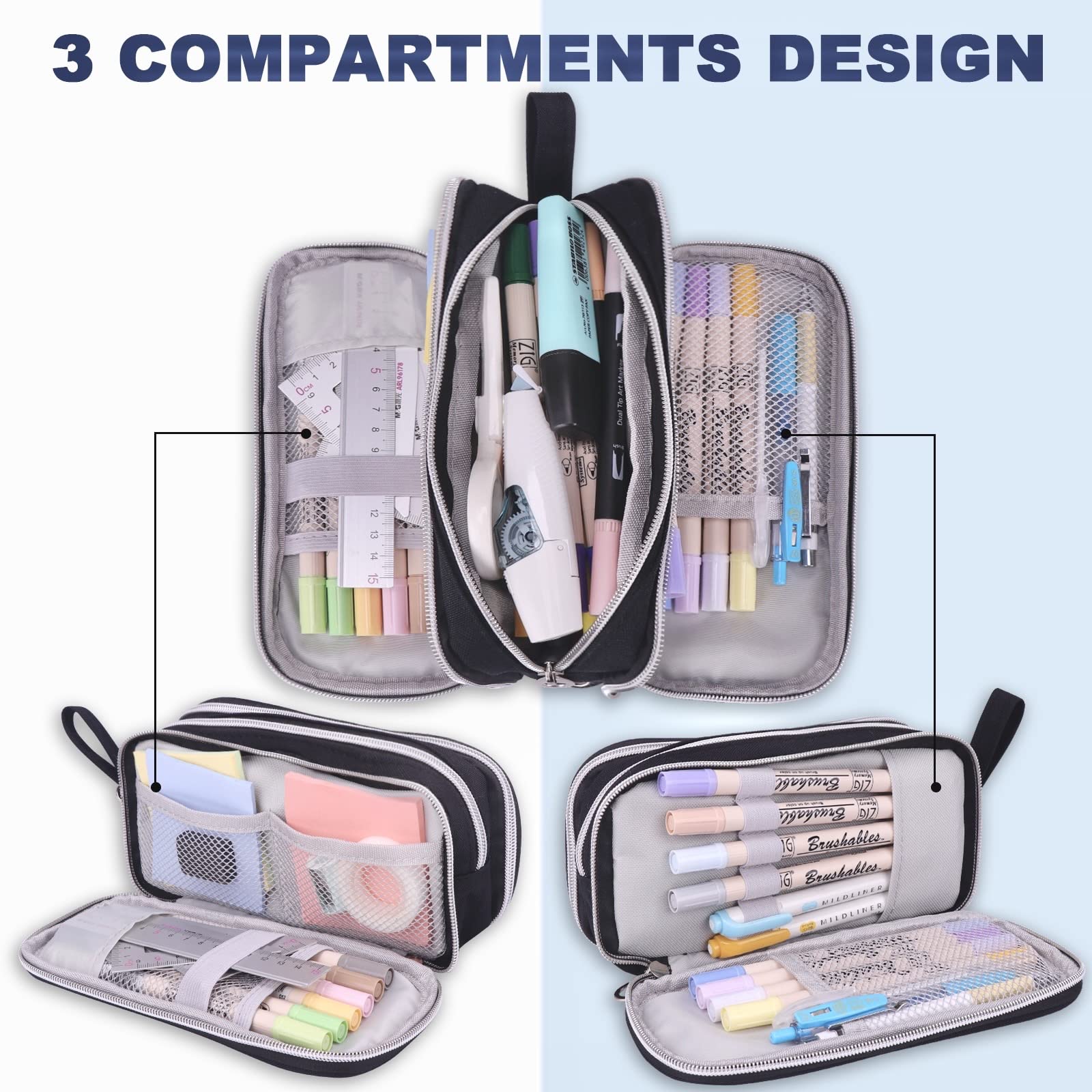 COLOCASTLE Federmäppchen Mäppchen Federmappe groß mit 3 Fächern Federtasche Mädchen Jungen Teenager Pencil Case Schlamppermäppchen für Schule Büro (Schwarz) - Image 6