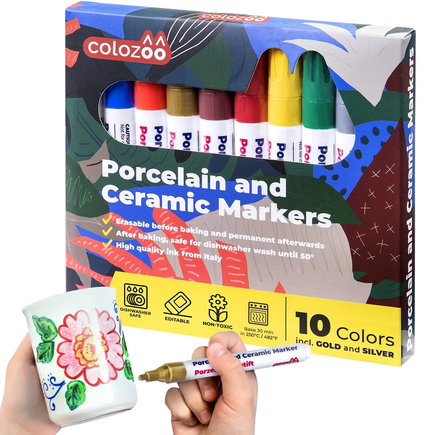 colozoo Porzellanstifte Spülmaschinenfest | 10 leuchtende Keramikstifte Farben | Glasmalstifte inklusive Schwarz, Gold & Silber | Ungiftige und Vegane