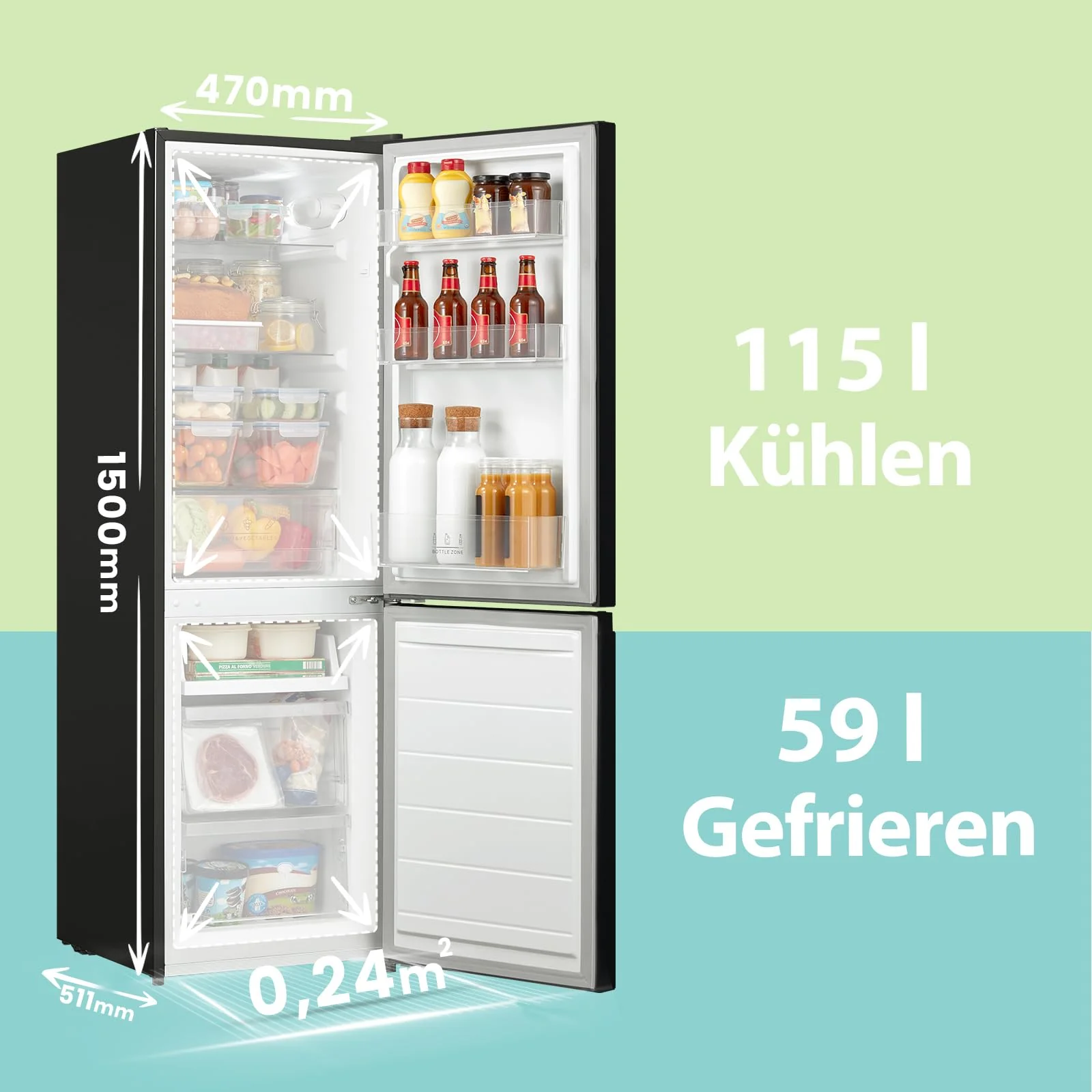 Comfee RCB169DK2(E) Kühl-/Gefrierkombination/150 cm Höhe/Low Frost/Einstellbare Kühlschranktemperatur/LED-Licht/195 kWh/Jahr/115L Kühlteil/59L Gefrierteil/Schwarz - Image 7