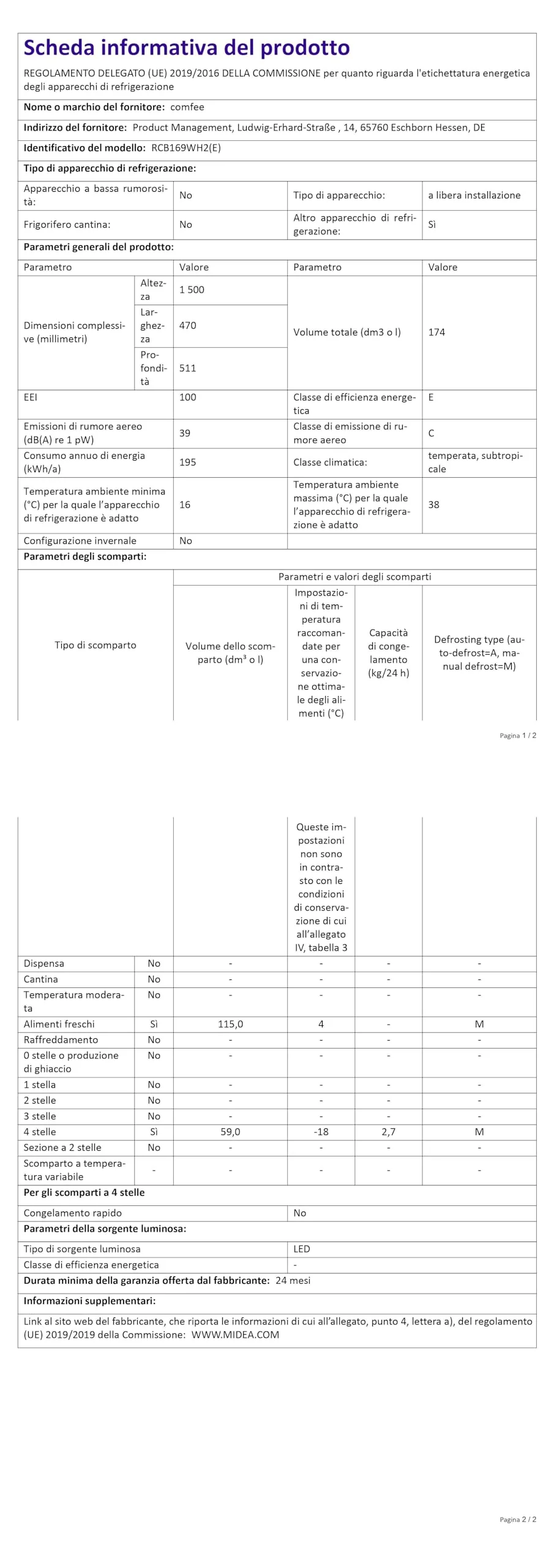 Comfee RCB169WH2(E) Kühl-/Gefrierkombination/150 cm Höhe/Low Frost/Einstellbare Kühlschranktemperatur/LED-Licht/195 kWh/Jahr/115L Kühlteil/59L Gefrierteil/Weiß - Image 9