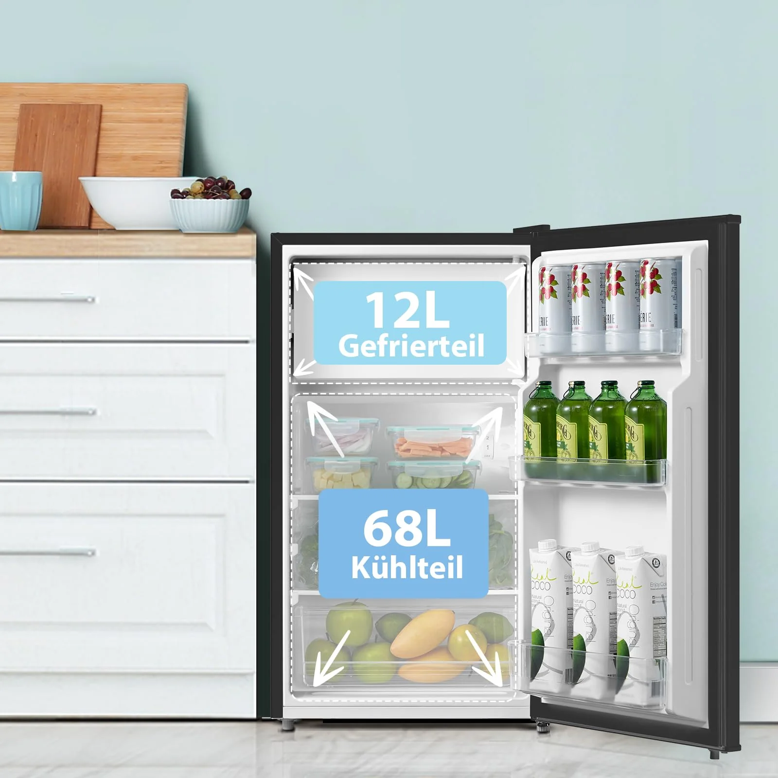 Comfee' RCD115DK2 Kühlschrank mit Gefrierfach/ 80L Tischkühlschrank/Obst- und Gemüsefach/ 84,5cm Höhe / 47,5cm Breite / 137kWh/Jahr/Einstellbare Temperaturregelung/Verstellbare Füße/Schwarz - Image 4
