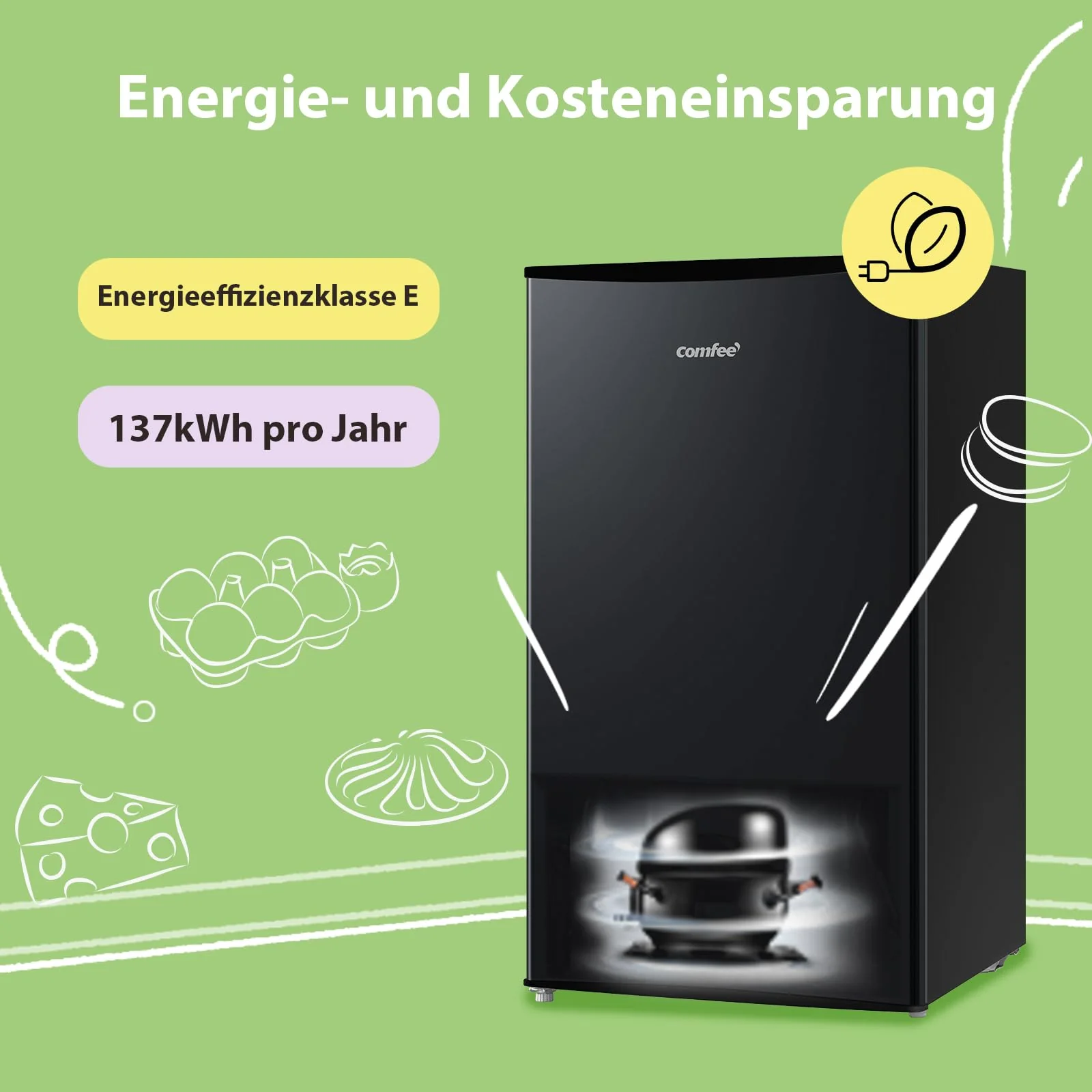 Comfee' RCD115DK2 Kühlschrank mit Gefrierfach/ 80L Tischkühlschrank/Obst- und Gemüsefach/ 84,5cm Höhe / 47,5cm Breite / 137kWh/Jahr/Einstellbare Temperaturregelung/Verstellbare Füße/Schwarz - Image 9
