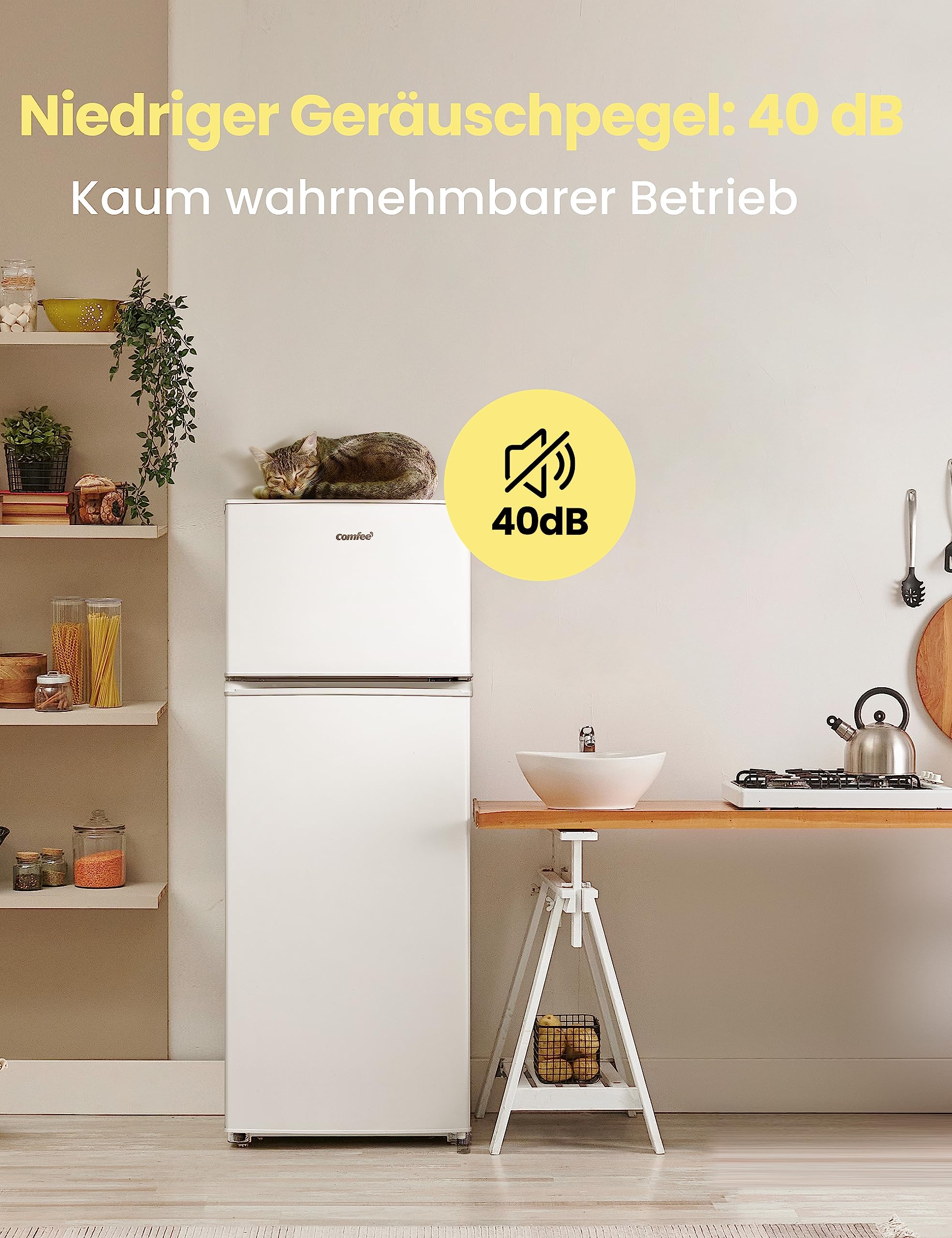 Comfee RCT284WH2A Kühl-/Gefrierkombination/Gefrierteil oben/176 kWh/Jahr/143cm Höhe/LED Licht/Reversibles Türscharnier/Weiß - Image 6