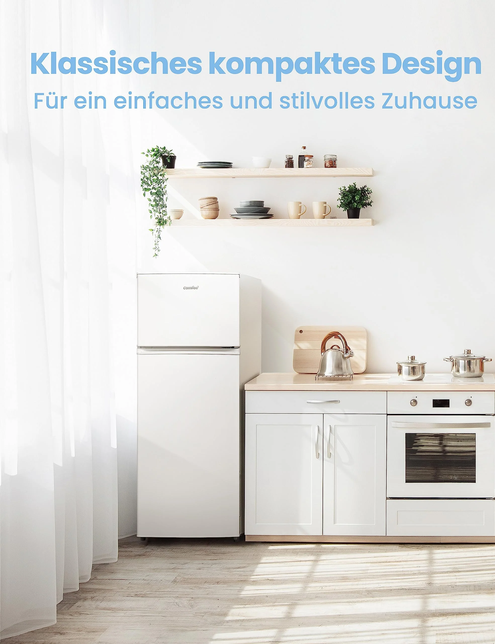 Comfee RCT284WH2A Kühl-/Gefrierkombination/Gefrierteil oben/176 kWh/Jahr/143cm Höhe/LED Licht/Reversibles Türscharnier/Weiß - Image 8