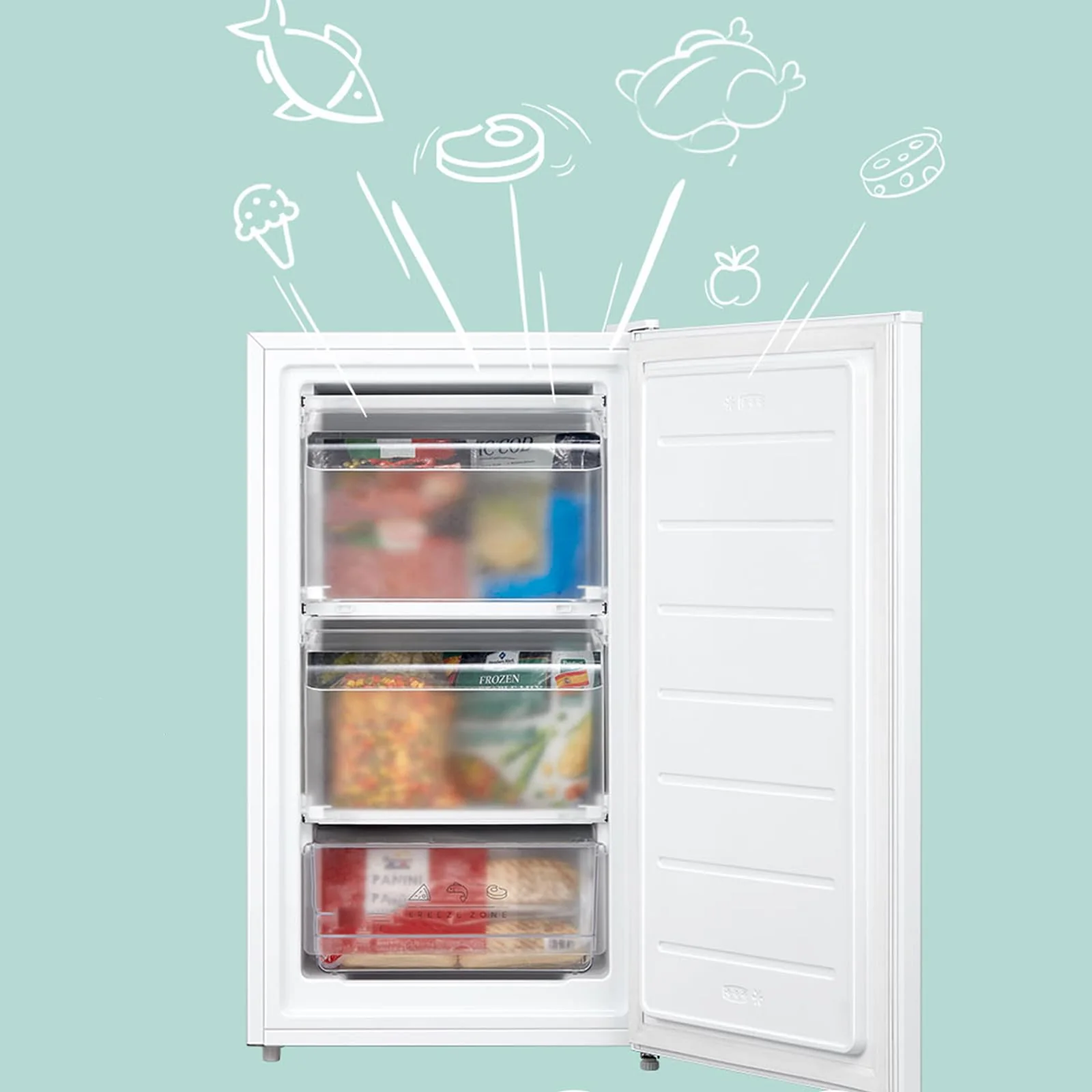 COMFEE' RCU60WH2(E) 60L Gefrierschrank senkrecht, 3 Fächer, Eintür, einstellbare Temperatur, umkehrbare Tür, leise, Freistehend, Weiß - Image 7