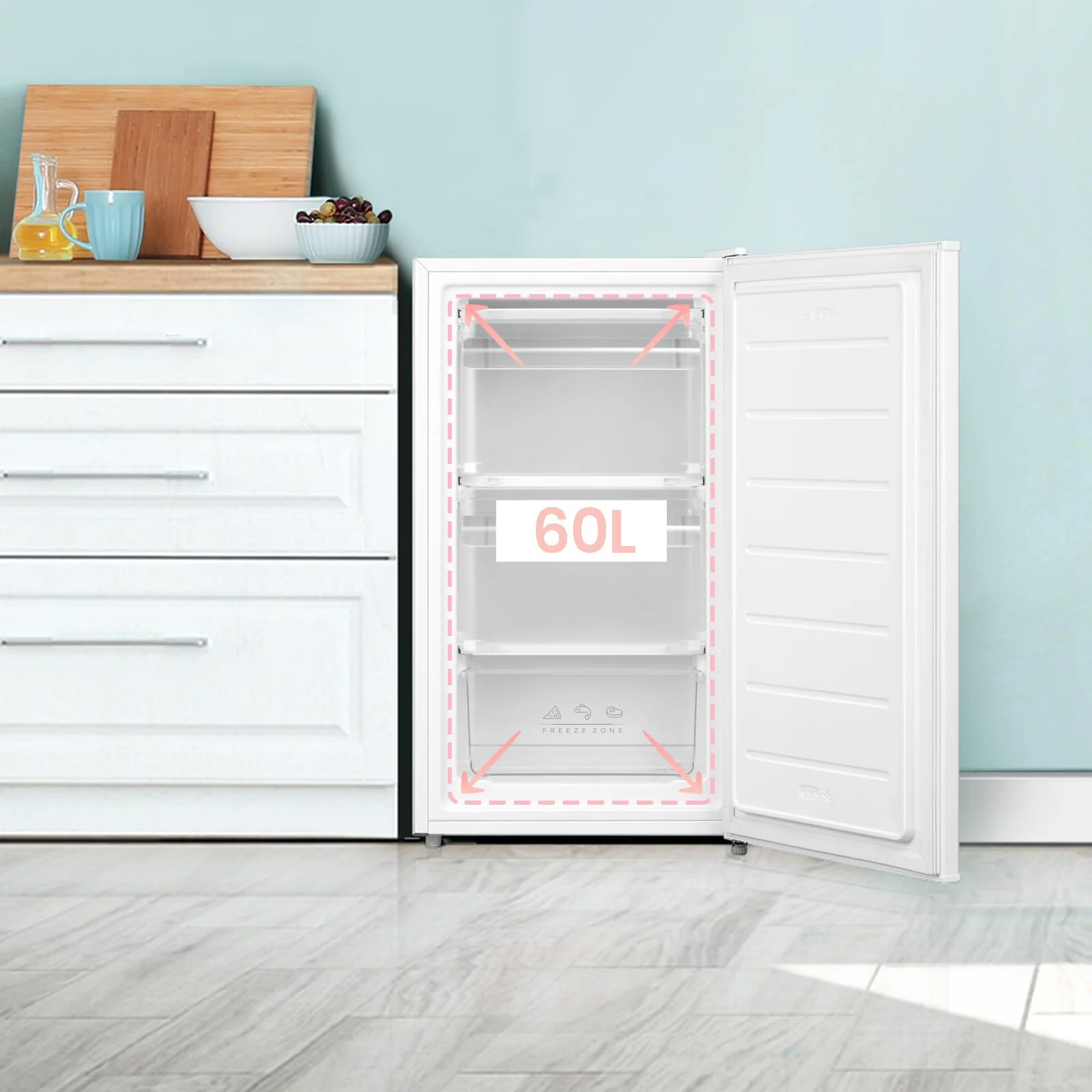 COMFEE' RCU60WH2(E) 60L Gefrierschrank senkrecht, 3 Fächer, Eintür, einstellbare Temperatur, umkehrbare Tür, leise, Freistehend, Weiß - Image 9