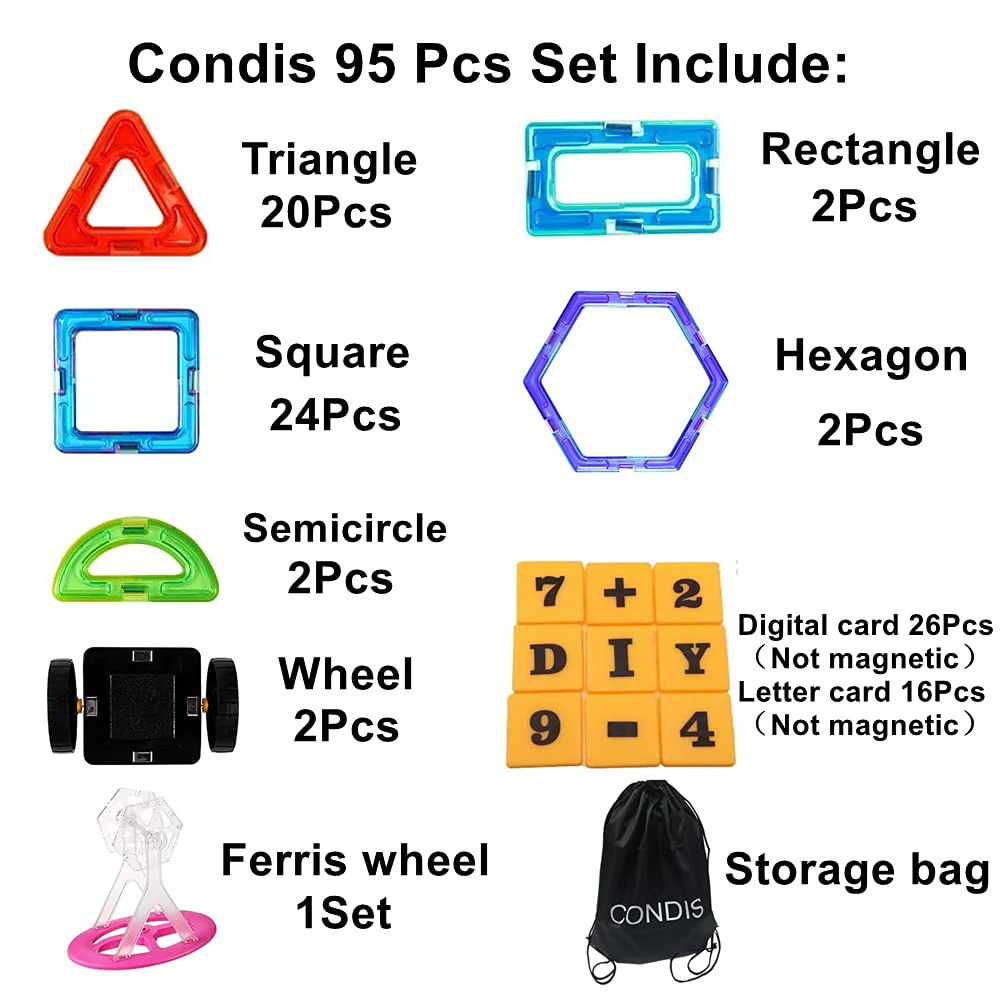 CONDIS Magnetische Bausteine 95 Teile, Magnetspiel STEM Magnetbausteine, kreatives Bildungs Spielzeug für Montessori Spielzeug Vorschule Lernen für Jungen und Mädchen ab 3 Jahre - Image 5
