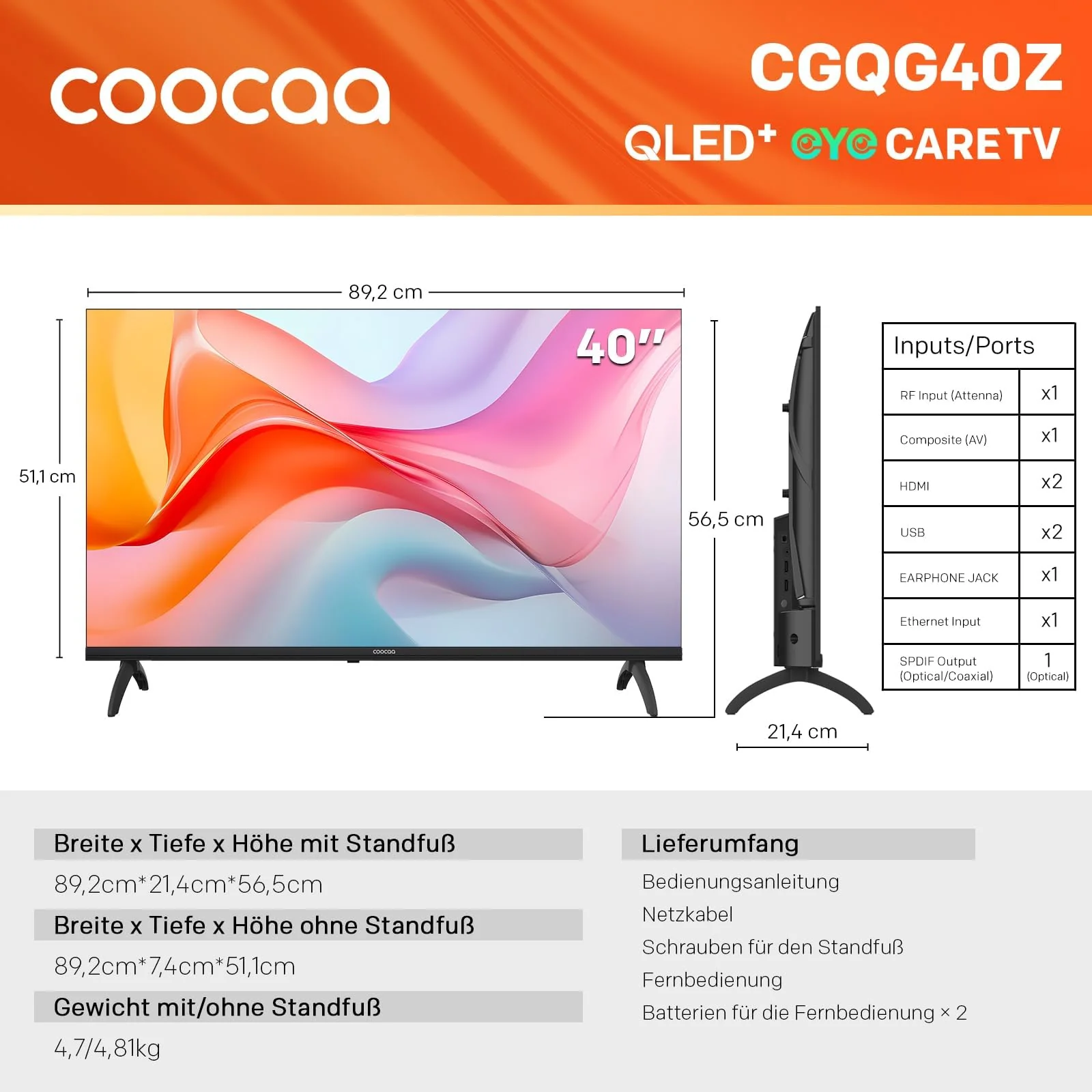 coocaa QLED Smart TV 40 Zoll, 100cm, QLED FHD Fernseher kompatibel mit Google TV, HDR 10, Dolby Audio, Bluetooth 5.1, EyeCare, Google Cast, Triple Tuner DVB-T/-T2/-C/-S/-S2 CI+, 40CGQG40Z, 2026 Model - Image 15