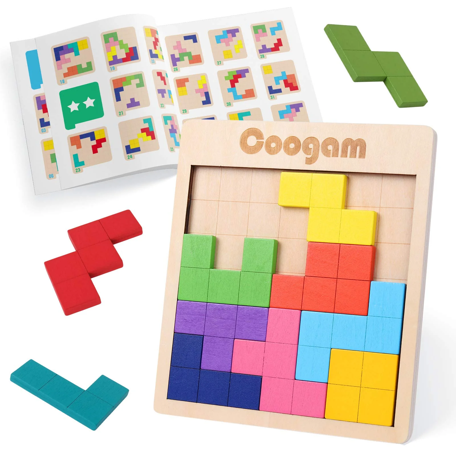 Coogam Holz Tangram Puzzle Muster blockiert Brain Teasers Spiel mit 60 Herausforderungen, 3D russische Gebäude Spielzeug Holzform Puzzles Montessori STEM Lernspielzeug Geschenk für Kinder Erwachsene