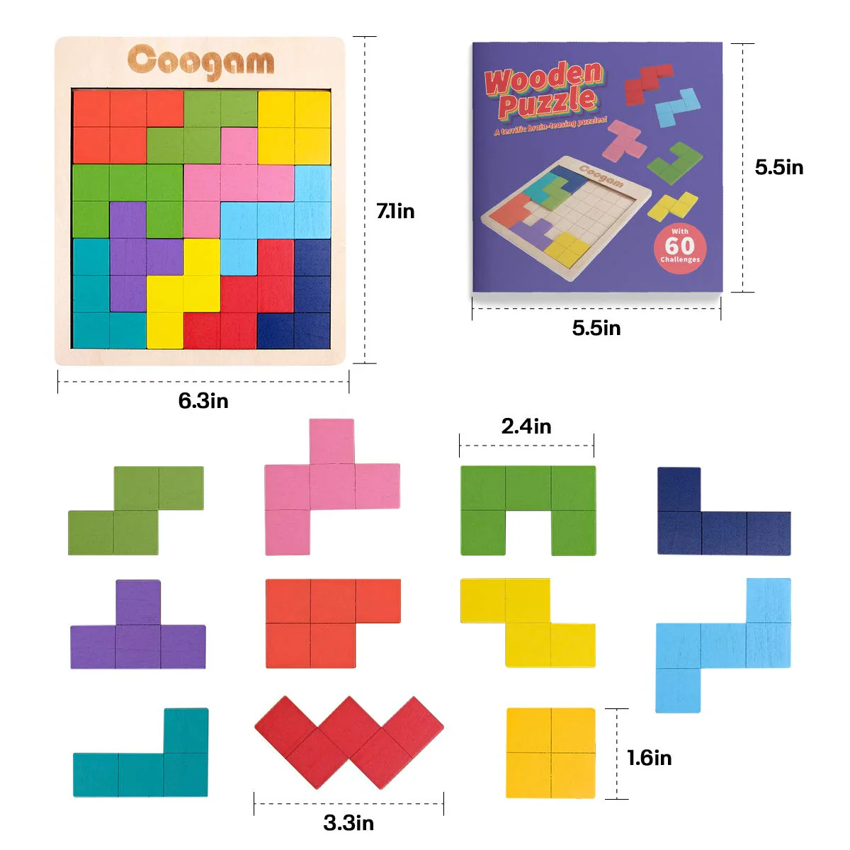 Coogam Holz Tangram Puzzle Muster blockiert Brain Teasers Spiel mit 60 Herausforderungen, 3D russische Gebäude Spielzeug Holzform Puzzles Montessori STEM Lernspielzeug Geschenk für Kinder Erwachsene - Image 3