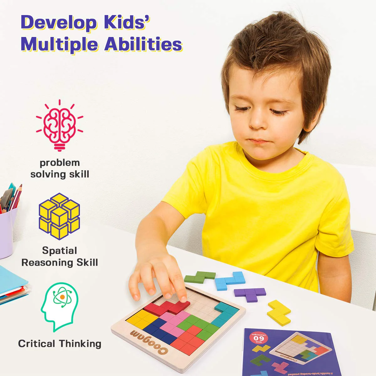 Coogam Holz Tangram Puzzle Muster blockiert Brain Teasers Spiel mit 60 Herausforderungen, 3D russische Gebäude Spielzeug Holzform Puzzles Montessori STEM Lernspielzeug Geschenk für Kinder Erwachsene - Image 5