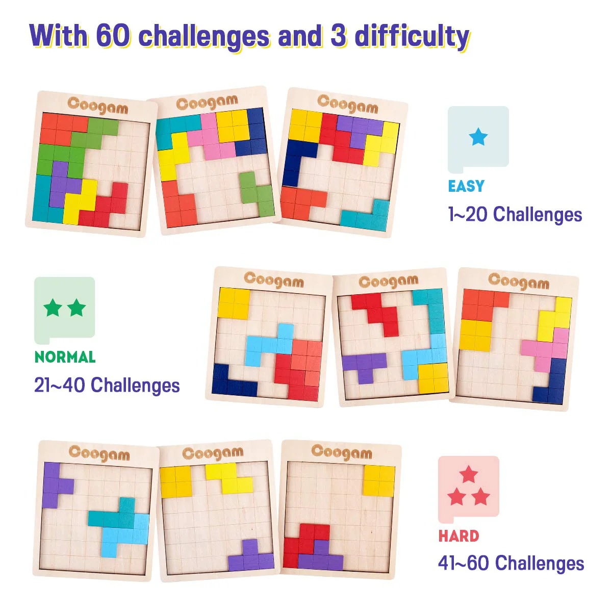 Coogam Holz Tangram Puzzle Muster blockiert Brain Teasers Spiel mit 60 Herausforderungen, 3D russische Gebäude Spielzeug Holzform Puzzles Montessori STEM Lernspielzeug Geschenk für Kinder Erwachsene - Image 6