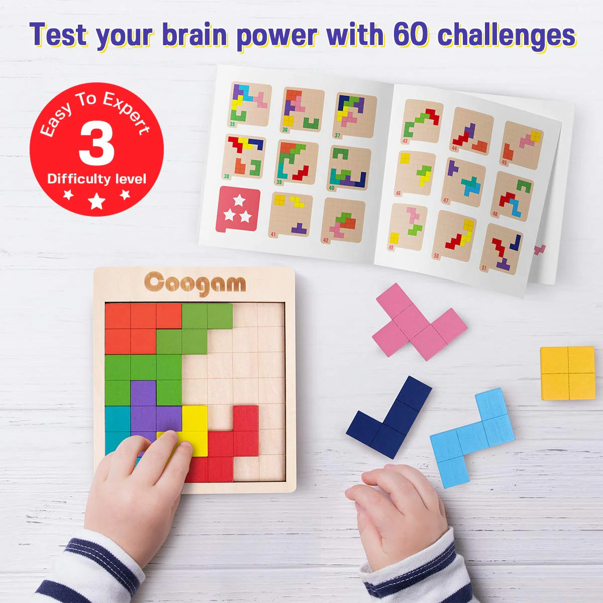 Coogam Holz Tangram Puzzle Muster blockiert Brain Teasers Spiel mit 60 Herausforderungen, 3D russische Gebäude Spielzeug Holzform Puzzles Montessori STEM Lernspielzeug Geschenk für Kinder Erwachsene - Image 8
