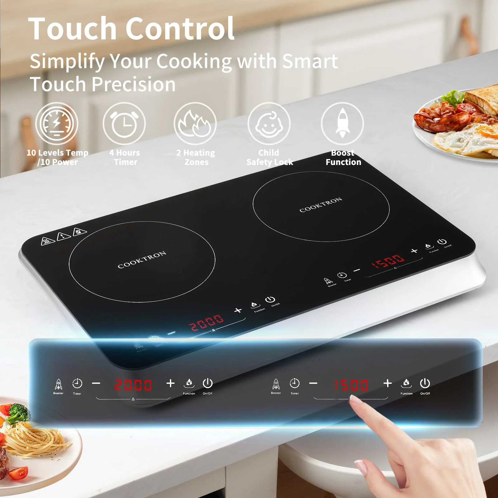 COOKTRON induktionskochfeld 2 platten, Doppel-induktionskochplatte 3500W, 10 Temperaturstufen, 9 Leistungsstufen,Booster-Funktion, 4-Stunden-Timer, Touch-Steuerung, Schwarz - Image 6