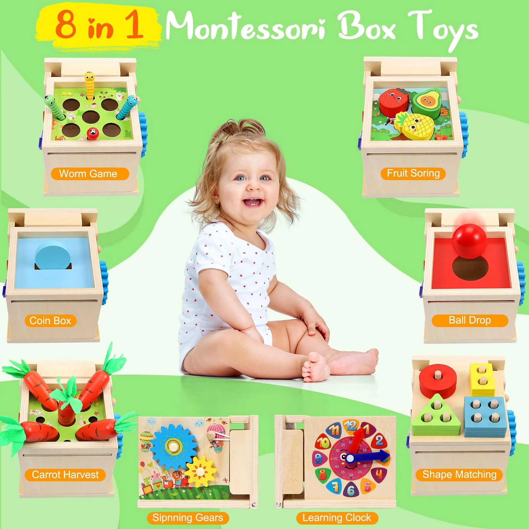 COOLJOY Montessori Spielzeug Ab 1 Jahr | Holzspielzeug Motorikspielzeug Ab 1 Jahr | 8-IN-1 STEM Geschenk Für Jungen Und Mädchen 2 3 4 Jahren - Image 7