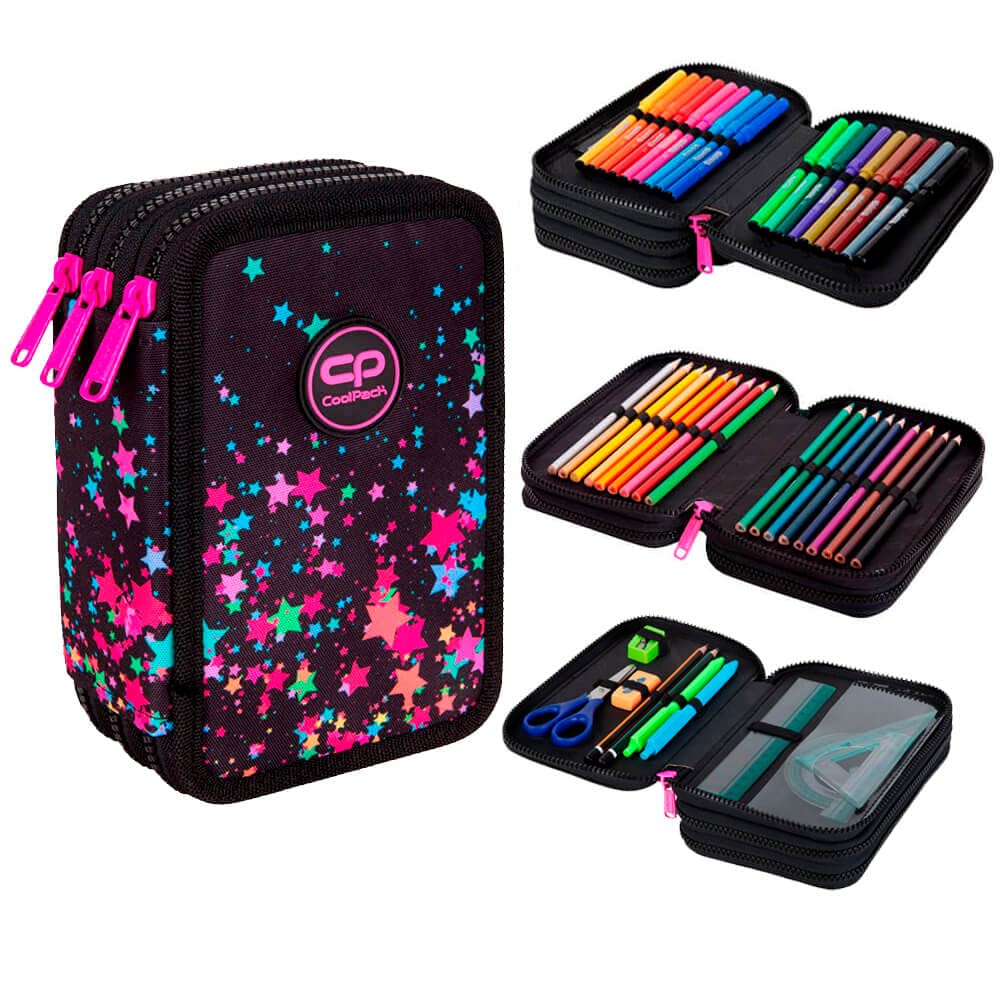 CoolPack 3-Fach Mäppchen Federmappe Federtasche XXL Federtasche Federmappe 3-Fach Schulstiftetui, dreifaches Federmäppchen 44-teilig gefüllte Schüleretui 3-stöckig Motiv: Galaxy,Sterne,Schwarz,E67589 - Image 5