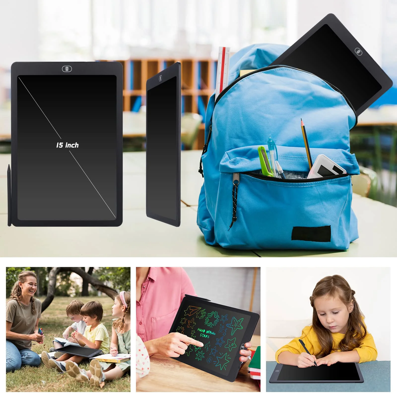 Coolzon LCD Schreibtafel, 15 Zoll Bunte Bildschirm Schreibtablett für Kinder Erwachsene, Löschbare LCD-Zeichenbrett Elektronische Schreibtafel Tragbar LCD Drawing Writing Tablet, Schwarz - Image 5