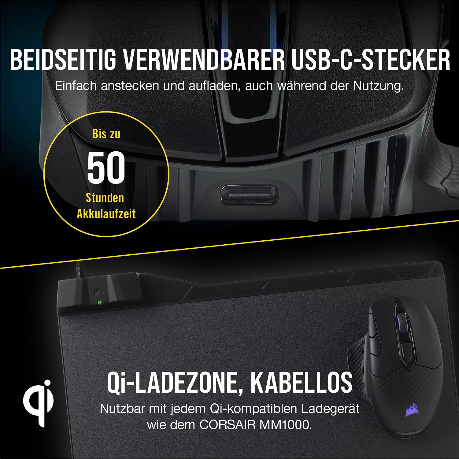 CORSAIR DARK CORE RGB PRO SE Wireless FPS/MOBA Gaming Maus Mit Qi Wireless Charging - 18.000 DPI - 8 Programmierbare Tasten - Sub-1ms - iCUE Kompatibel - PC, Mac, PS5, PS4, Xbox - Schwarz - Image 4