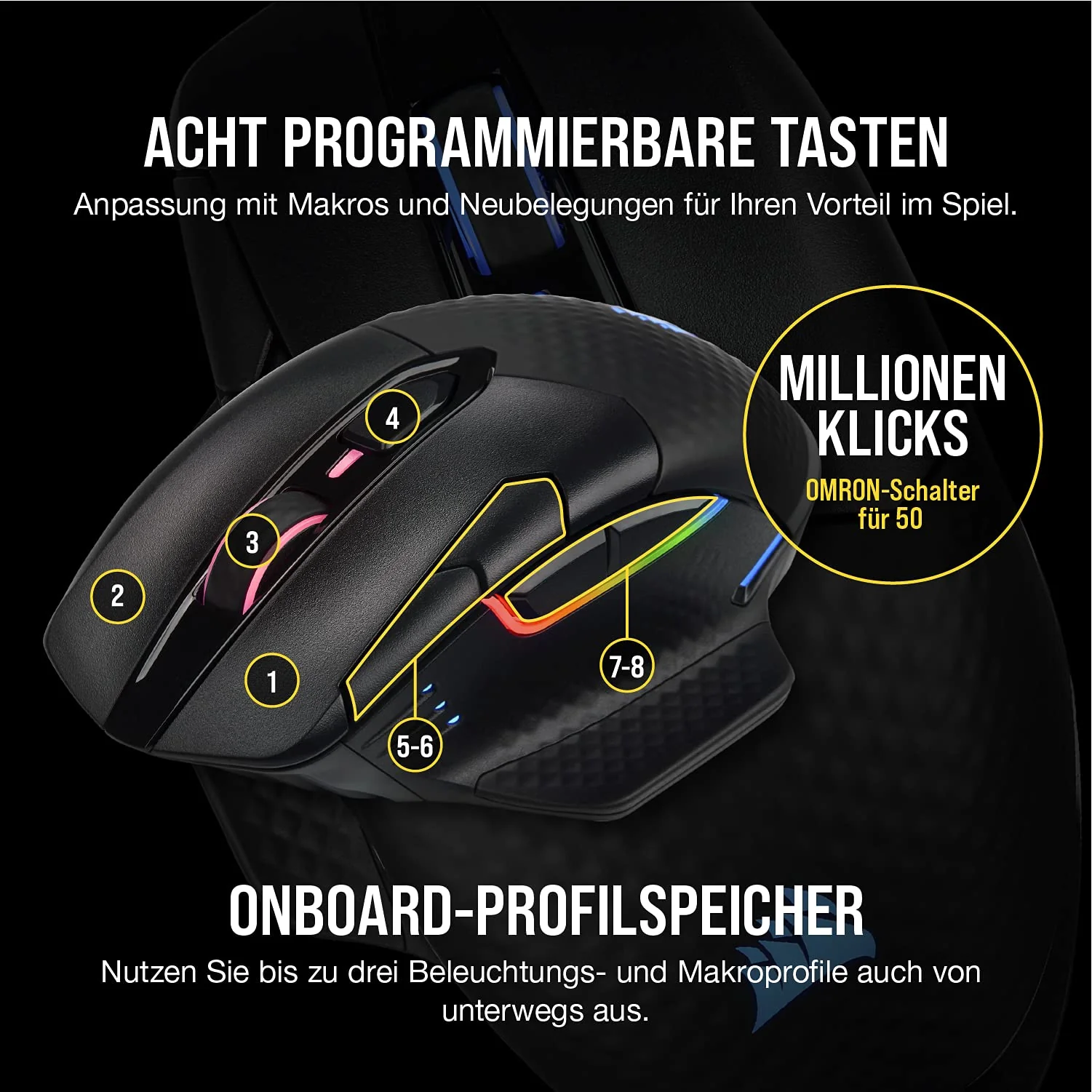 CORSAIR DARK CORE RGB PRO SE Wireless FPS/MOBA Gaming Maus Mit Qi Wireless Charging - 18.000 DPI - 8 Programmierbare Tasten - Sub-1ms - iCUE Kompatibel - PC, Mac, PS5, PS4, Xbox - Schwarz - Image 8