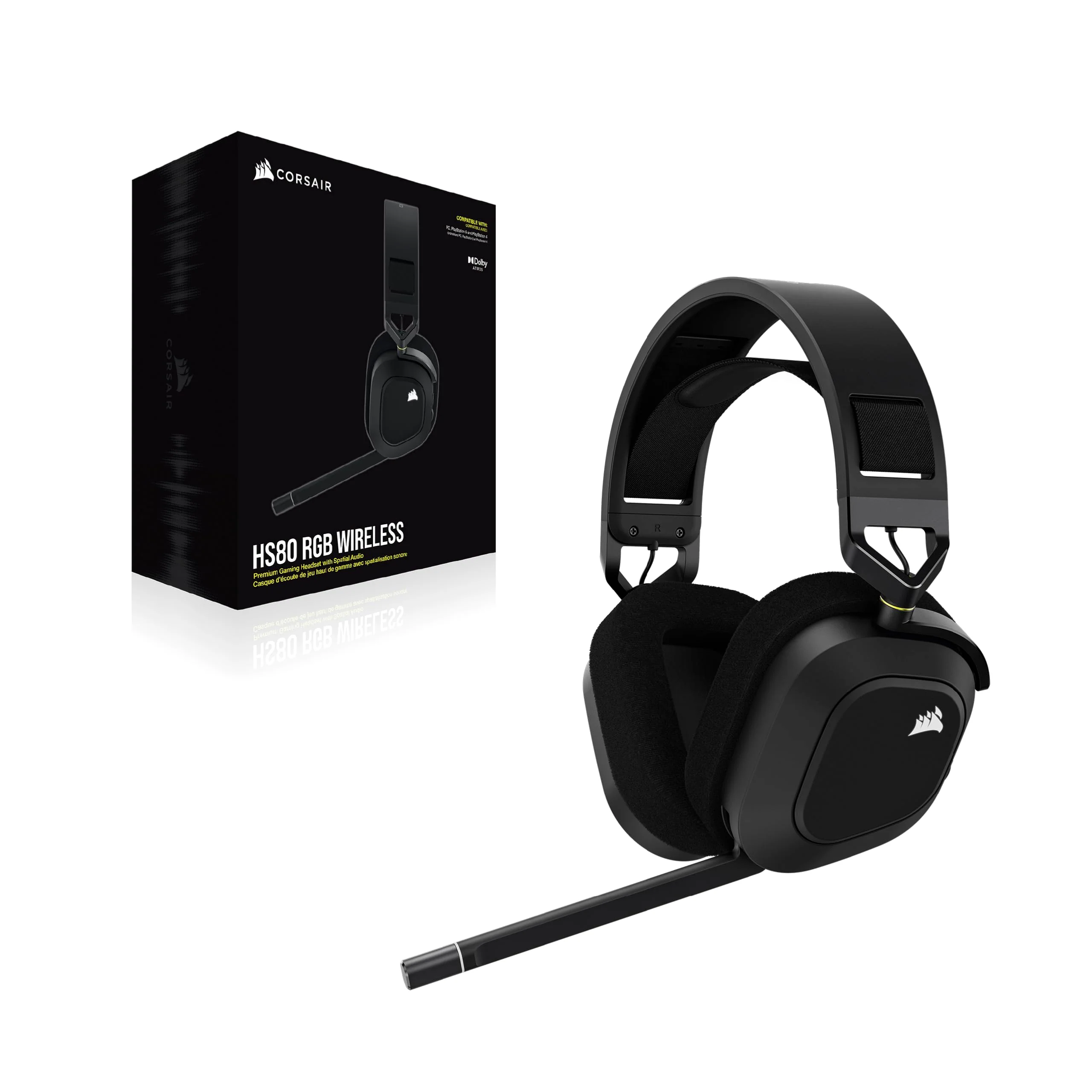 CORSAIR HS80 RGB WIRELESS Multiplattform-Gaming-Headset - Dolby Atmos - Omnidirektionales Mikrofon - iCUE-Kompatibel - PC, Mac, PS5, PS4 - Carbon, Farbe Schwarz