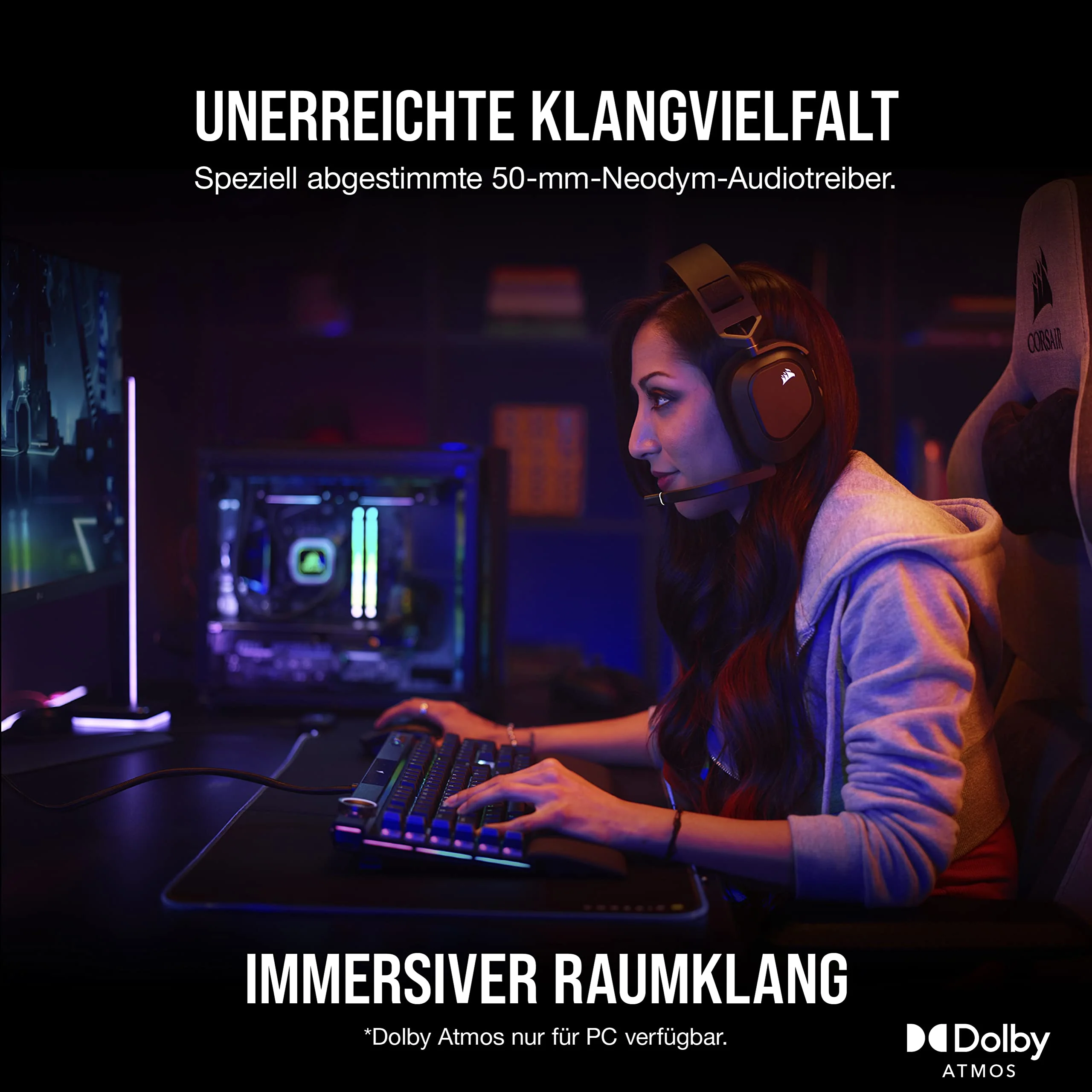 CORSAIR HS80 RGB WIRELESS Multiplattform-Gaming-Headset - Dolby Atmos - Omnidirektionales Mikrofon - iCUE-Kompatibel - PC, Mac, PS5, PS4 - Carbon, Farbe Schwarz - Image 8
