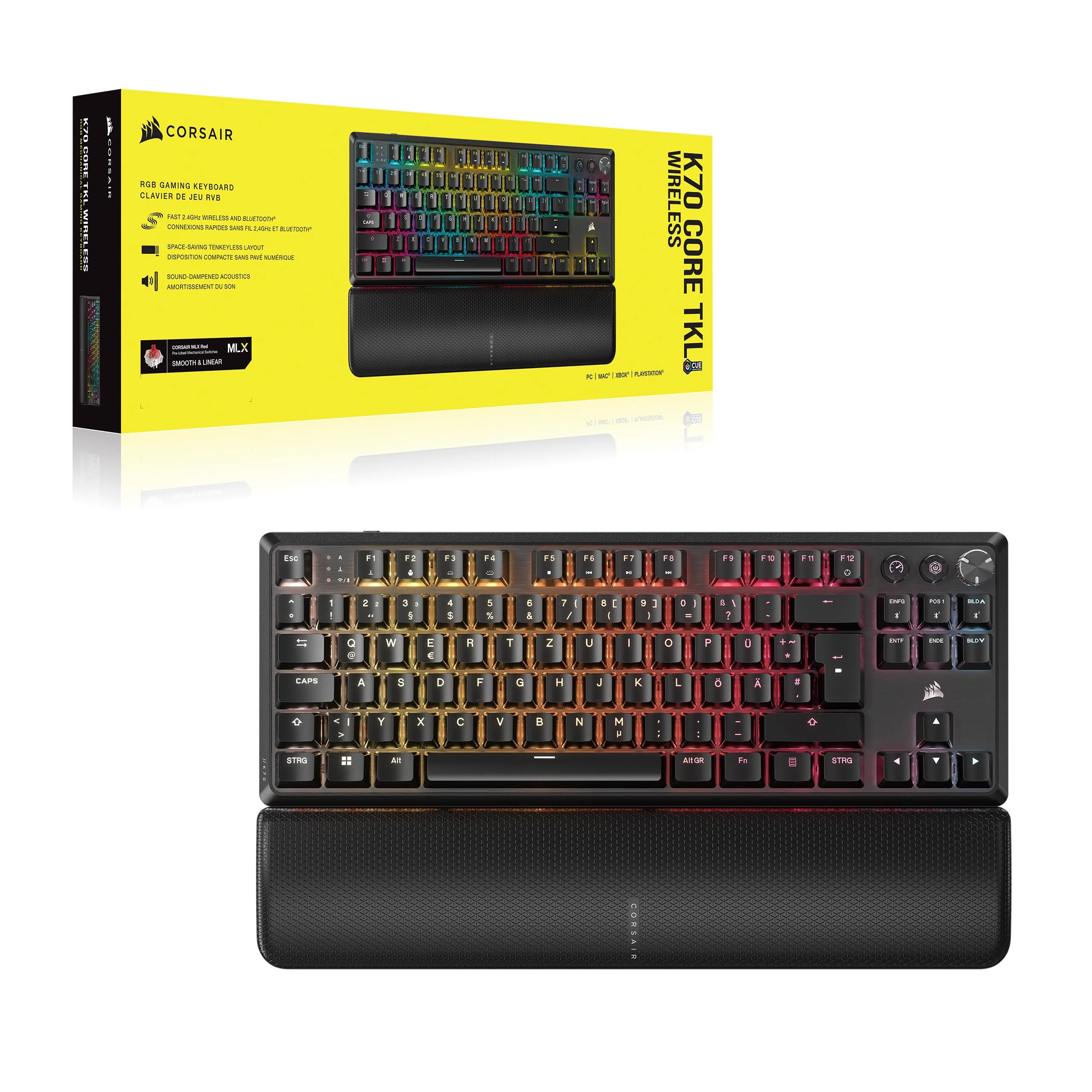 Corsair K70 CORE TKL Wireless RGB Mechanische Tenkeyless-Gaming-Tastatur – Vorgeschmierte MLX Red v2 Linear Switches – Zweischichtige Schalldämpfung – ABS Keycaps – QWERTZ DE – Schwarz - Image 2