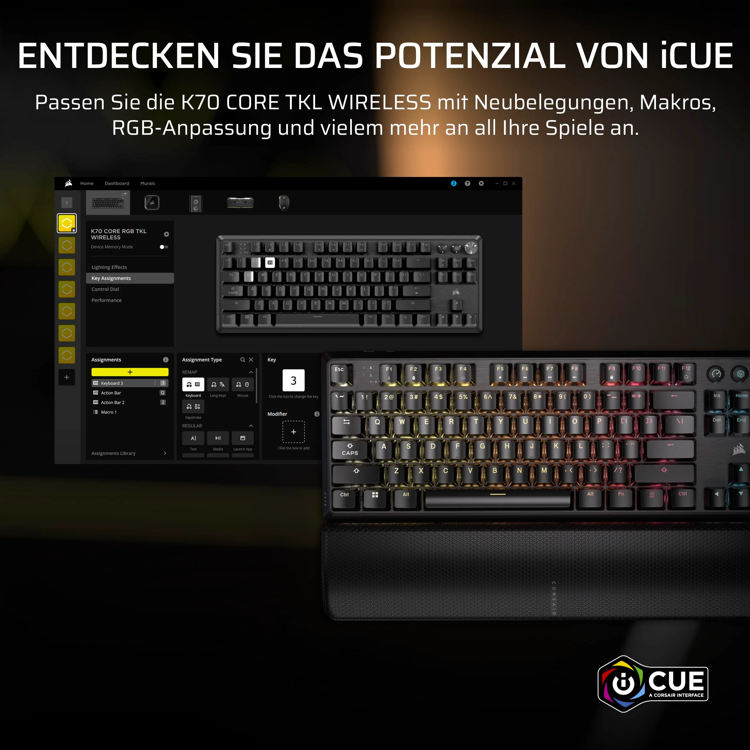Corsair K70 CORE TKL Wireless RGB Mechanische Tenkeyless-Gaming-Tastatur – Vorgeschmierte MLX Red v2 Linear Switches – Zweischichtige Schalldämpfung – ABS Keycaps – QWERTZ DE – Schwarz - Image 4
