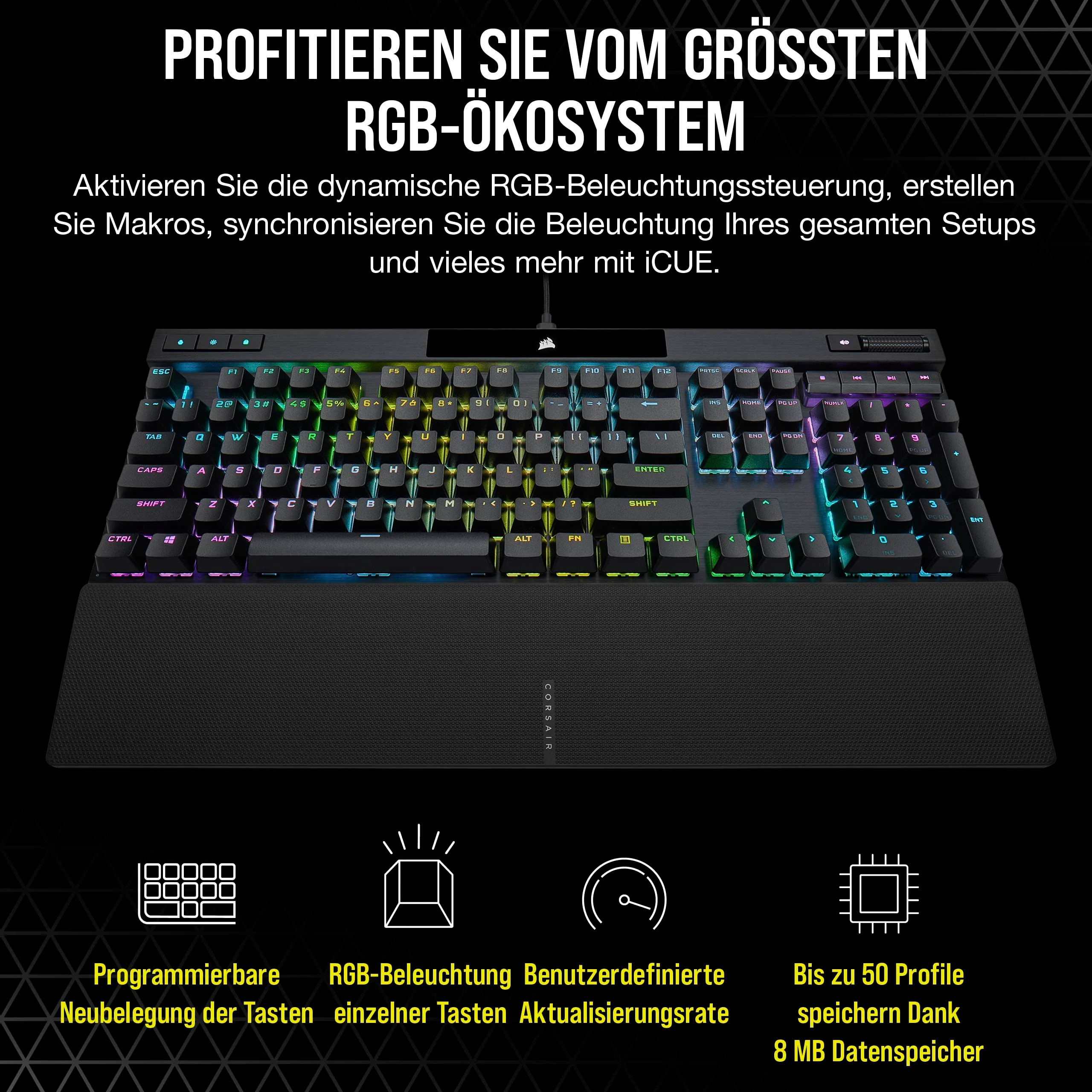 Corsair K70 PRO RGB Optisch-Mechanische Kabelgebundene Gaming-Tastatur - OPX Linear-Schalter - PBT Double-Shot-Tastenkappen - iCUE-kompatibel - QWERTZ DE - PC, Xbox - Schwarz - Image 2