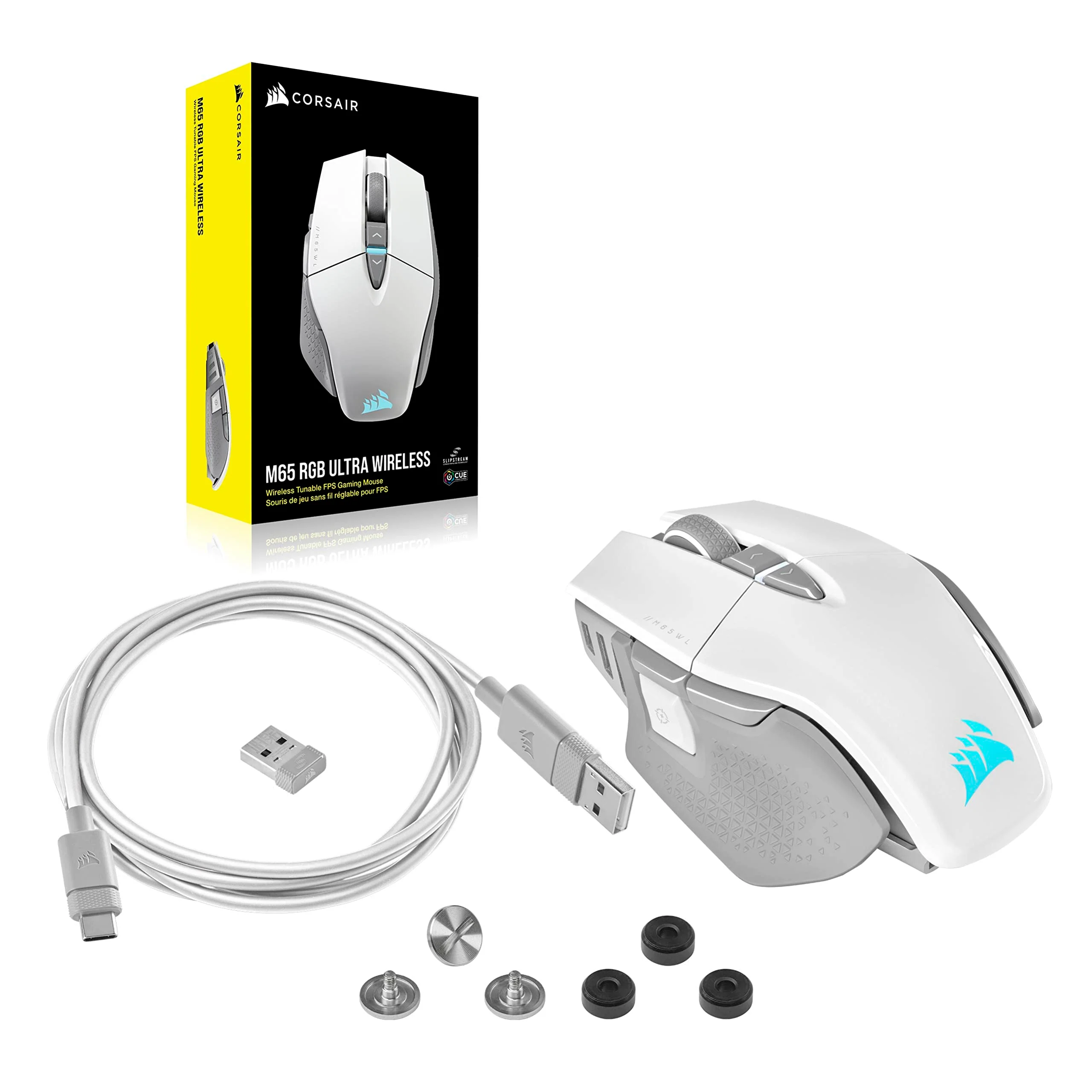 CORSAIR M65 RGB ULTRA WIRELESS Tunable FPS Gaming Mouse - 26.000 DPI - Sub-1ms Wireless - Gewichtssystem - Bis zu 120 Std. Akku - iCUE Kompatibel - PC, Mac, PS5, PS4, Xbox - Weiß