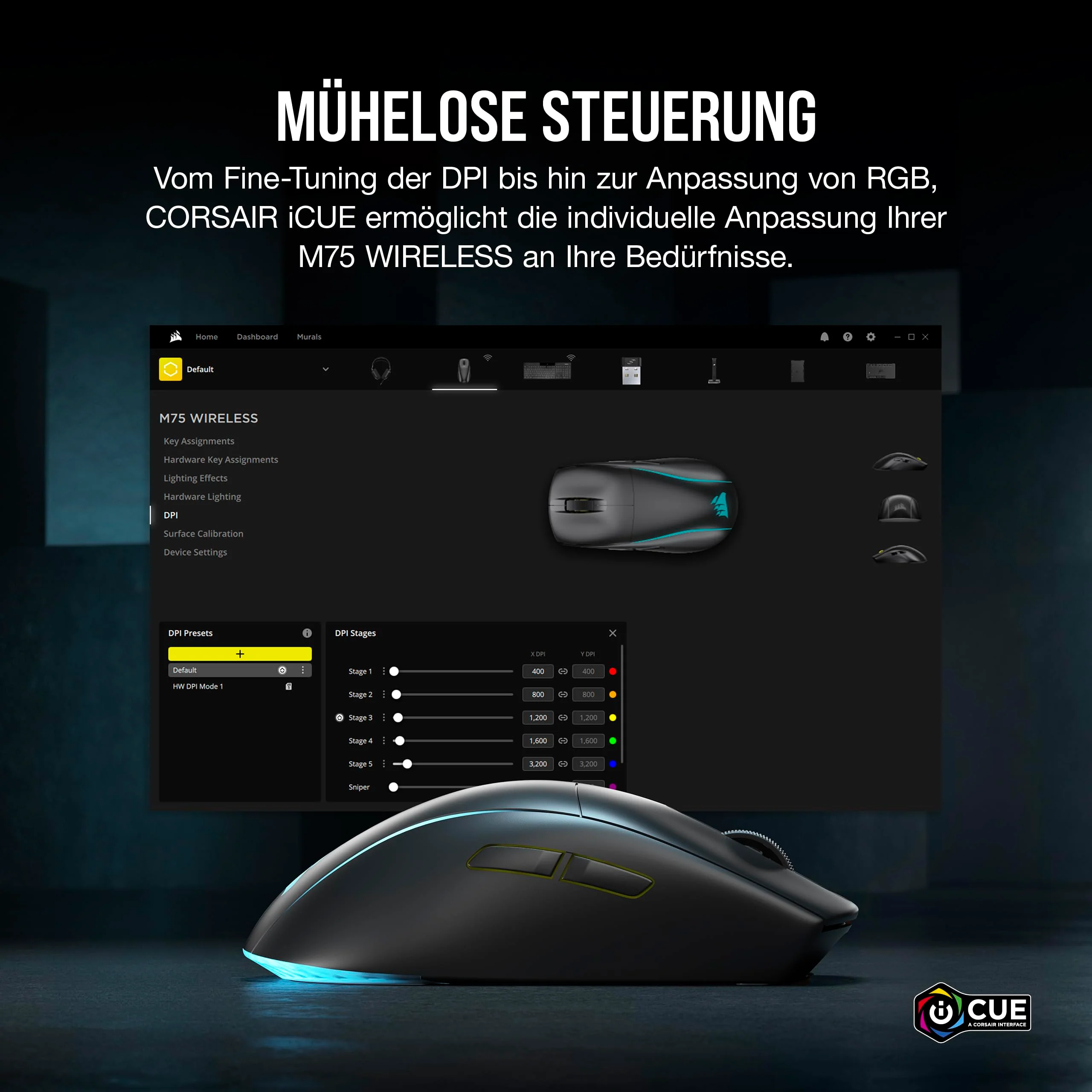 Corsair M75 Wireless RGB Leichte FPS Gaming-Maus – 26.000 DPI – Austauschbare Seitentasten – iCUE-Kompatibel – PC – Schwarz - Image 6