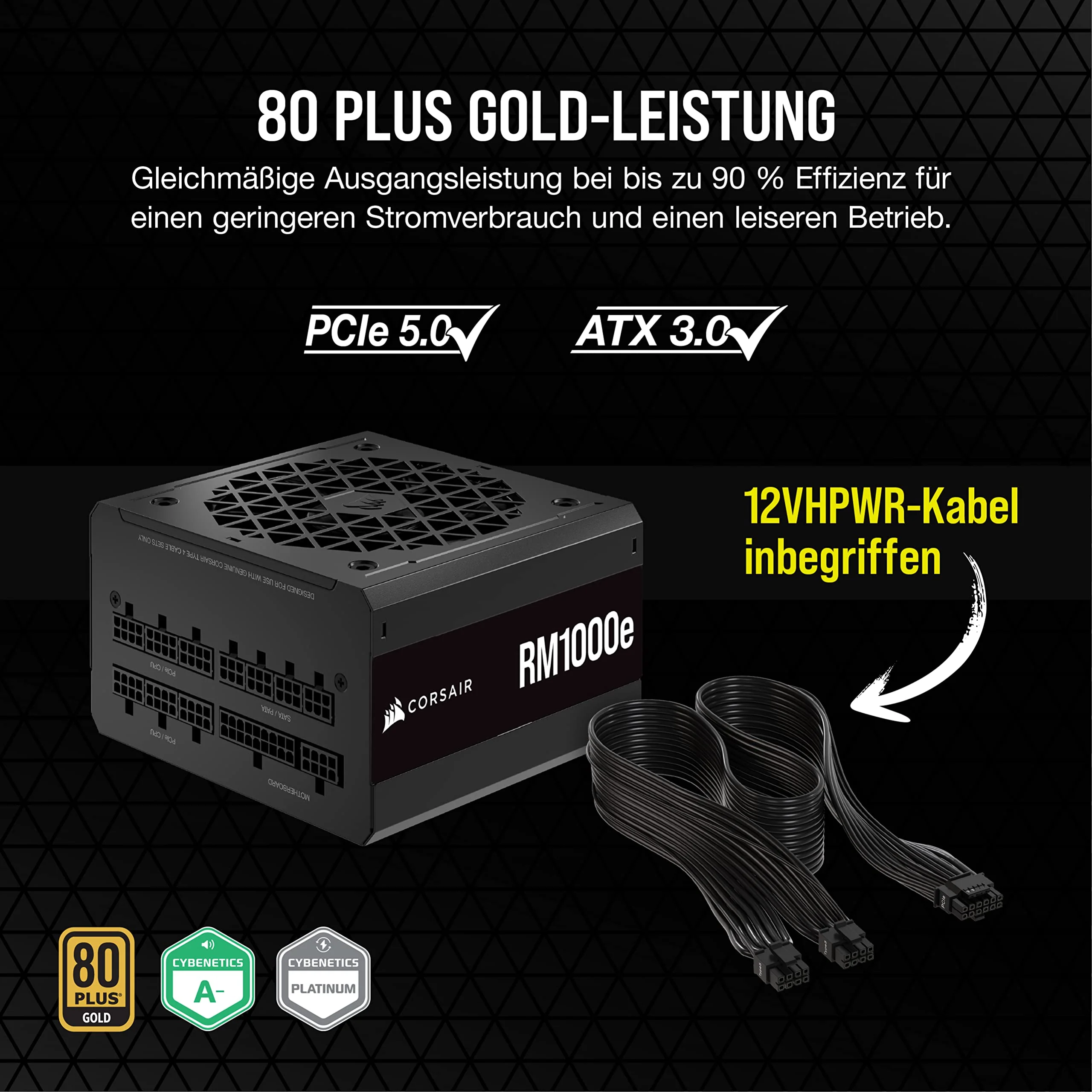 Corsair RM1000e (2023) Vollmodulares, Geräuscharmes ATX-Netzteil - ATX 3.0- Und PCIe 5.0-kompatibel - 105°C-Kondensatoren - 80 Plus Gold-Effizienz - Modern Standby-Unterstützung - Schwarz - Image 4