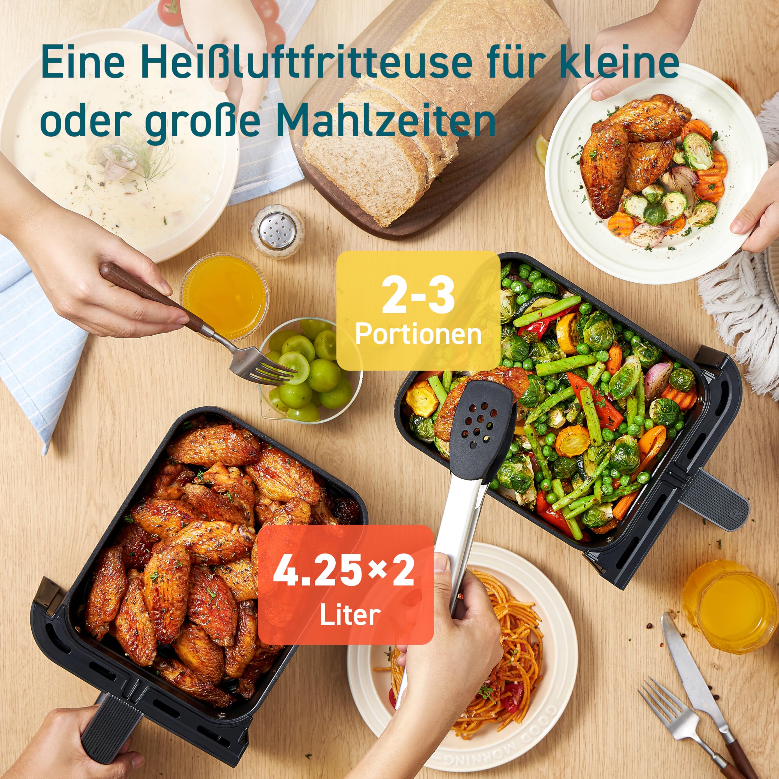 COSORI Heißluftfritteuse 2 Kammern Airfryer, 8-in-1 Dual Zone Air Fryer XXL 8,5 L, Heissluftfritteuse Doppelkammer mit Sichtfenster für ausgewogene Mahlzeit, 50 Rezepte, energiesparend, 1-5 Personen - Image 4