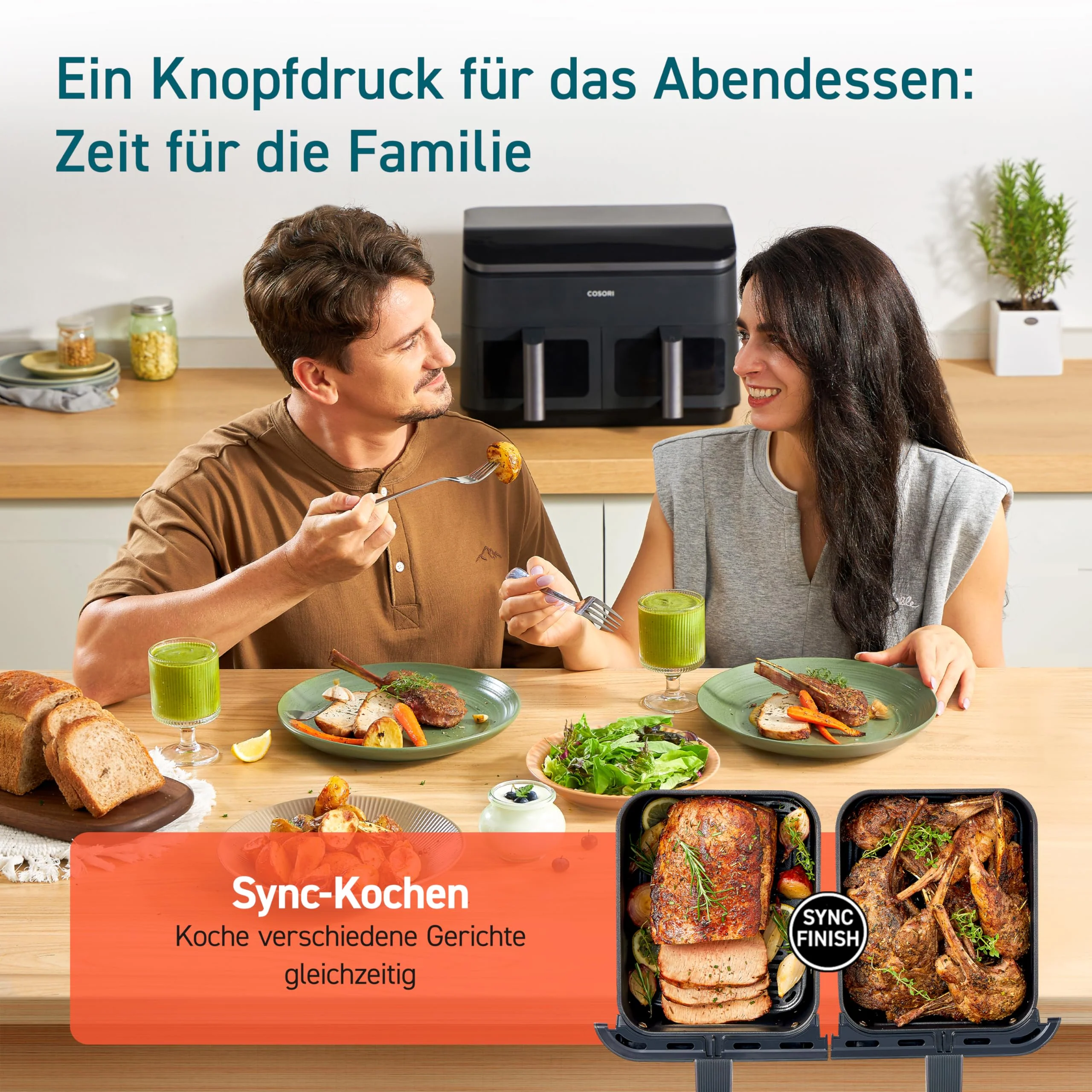 COSORI Heißluftfritteuse 2 Kammern Airfryer, 8-in-1 Dual Zone Air Fryer XXL 8,5 L, Heissluftfritteuse Doppelkammer mit Sichtfenster für ausgewogene Mahlzeit, 50 Rezepte, energiesparend, 1-5 Personen - Image 5