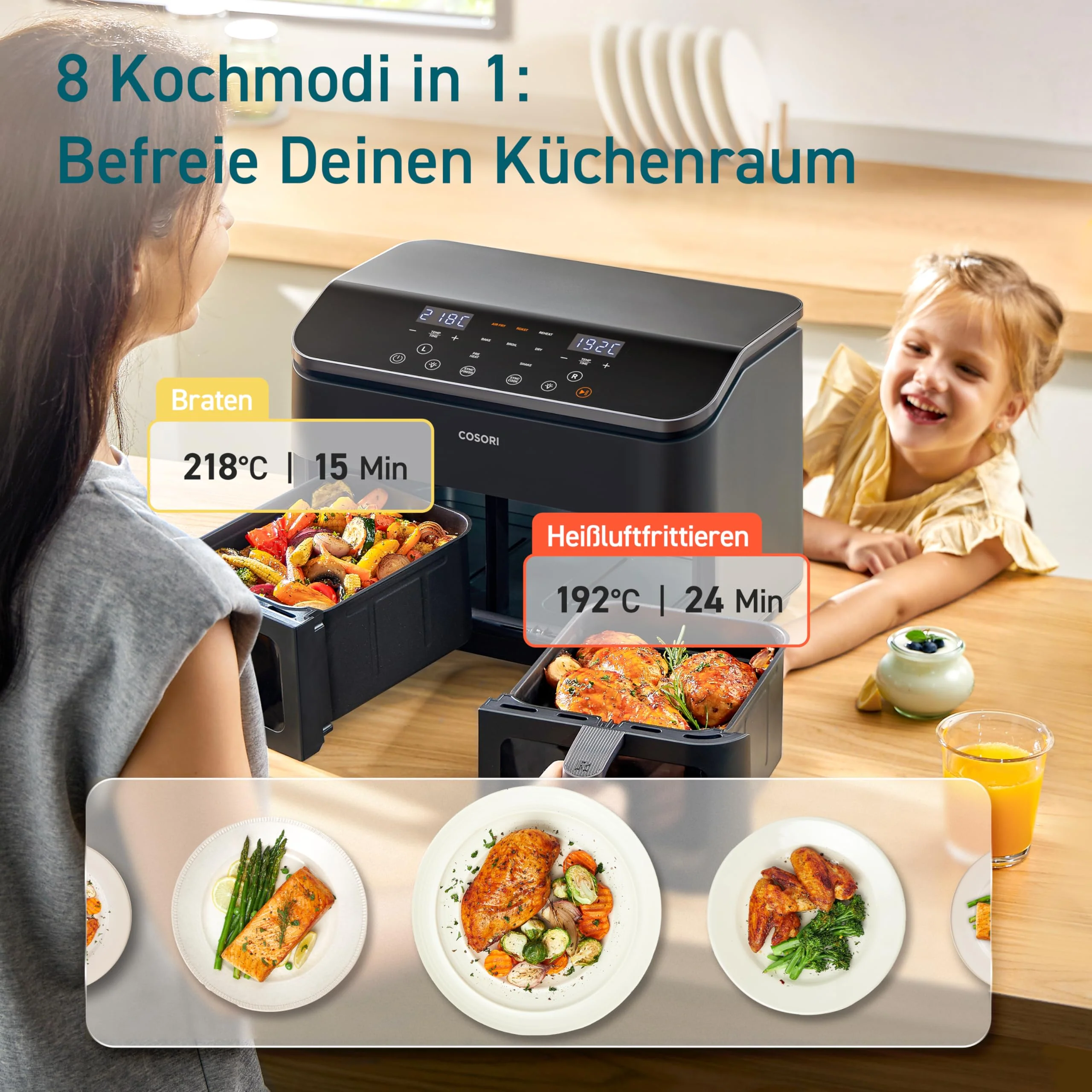 COSORI Heißluftfritteuse 2 Kammern Airfryer, 8-in-1 Dual Zone Air Fryer XXL 8,5 L, Heissluftfritteuse Doppelkammer mit Sichtfenster für ausgewogene Mahlzeit, 50 Rezepte, energiesparend, 1-5 Personen - Image 8