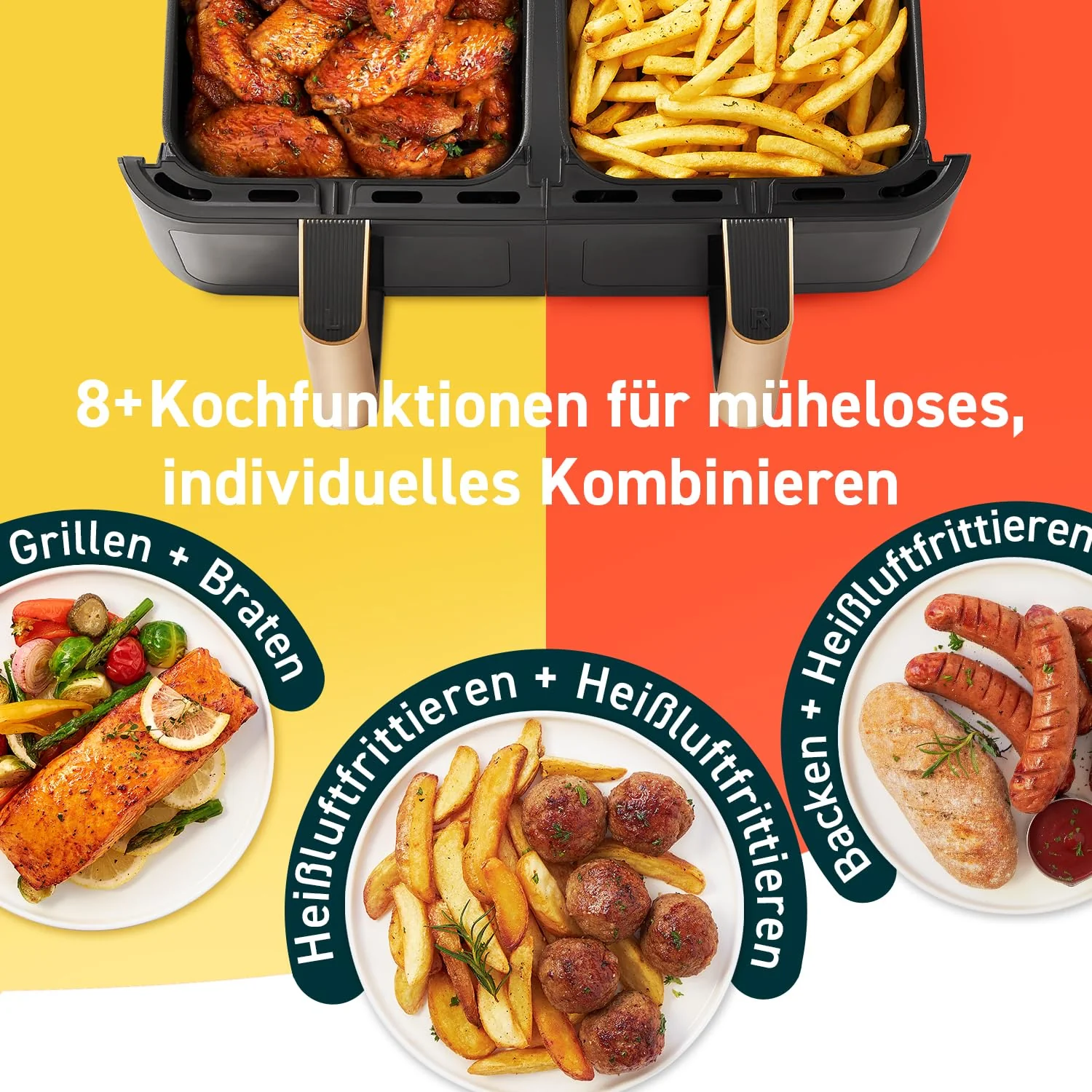 COSORI Heißluftfritteuse 2 Kammern, Testsieger der Stiftung Warentest, 6-in-1 Dual Zone Airfryer 8,5 L, Doppelkammer mit Sichtfenster für vollständige Mahlzeit, Gold - Image 2