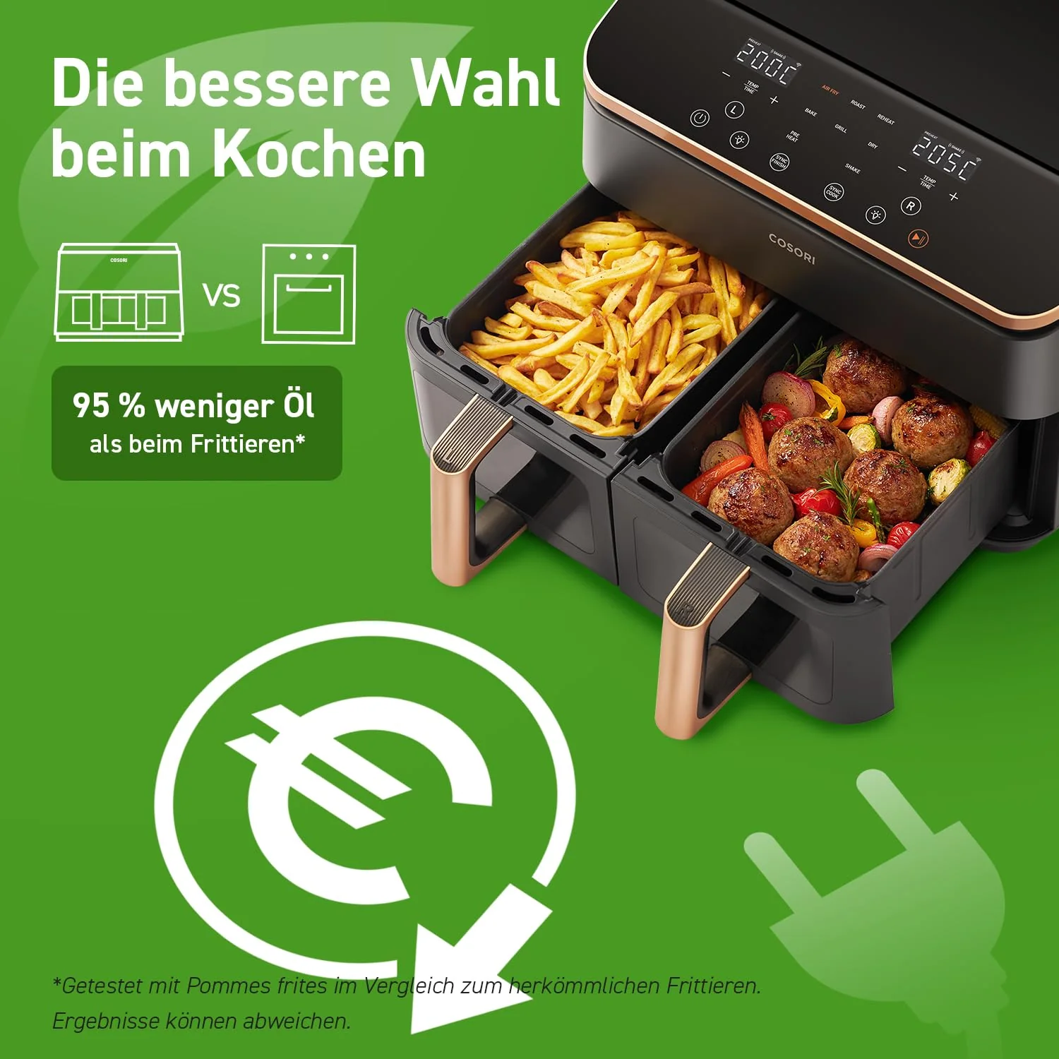 COSORI Heißluftfritteuse 2 Kammern, Testsieger der Stiftung Warentest, 6-in-1 Dual Zone Airfryer 8,5 L, Doppelkammer mit Sichtfenster für vollständige Mahlzeit, Gold - Image 4