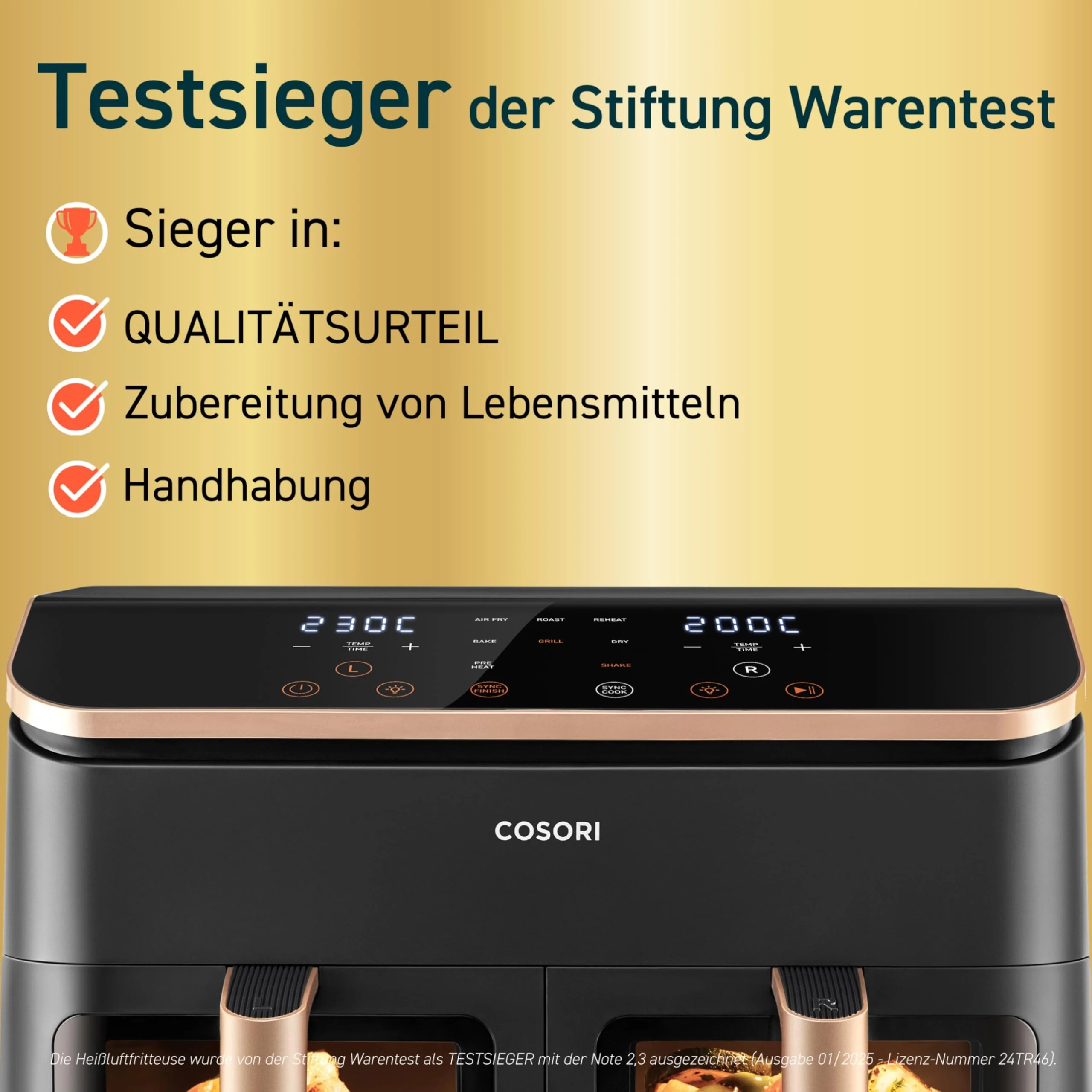 COSORI Heißluftfritteuse 2 Kammern, Testsieger der Stiftung Warentest, 6-in-1 Dual Zone Airfryer 8,5 L, Doppelkammer mit Sichtfenster für vollständige Mahlzeit, Gold - Image 5