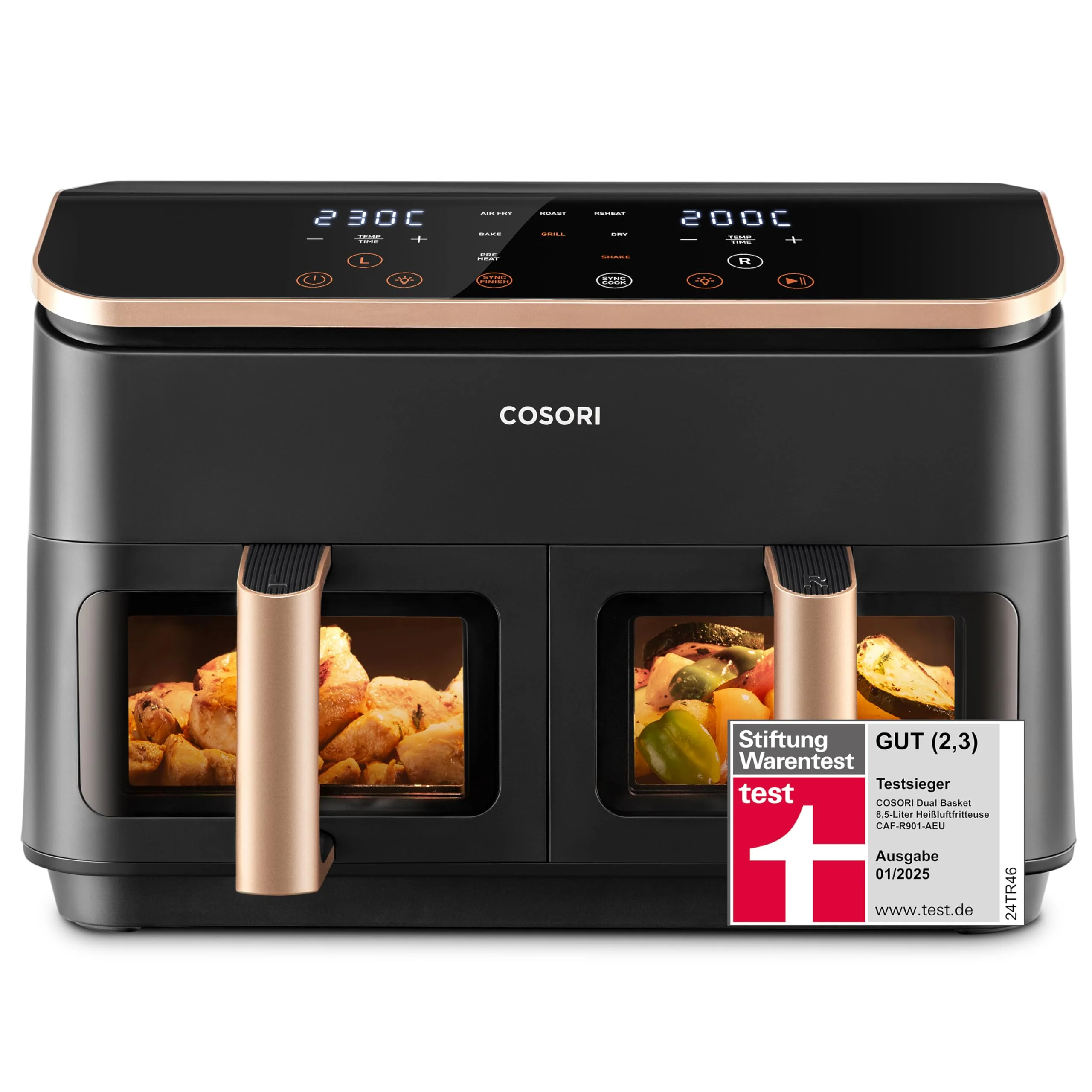 COSORI Heißluftfritteuse 2 Kammern, Testsieger der Stiftung Warentest, 6-in-1 Dual Zone Airfryer 8,5 L, Doppelkammer mit Sichtfenster für vollständige Mahlzeit, Gold - Image 6