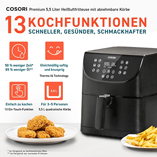 COSORI Heißluftfritteuse Airfryer, 11-in-1 Air Fryer XXL 5,5L, Friteuse Heissluftfritteuse mit Shake-Reminder, 100 Rezepte, 55 Prozent energiesparend, spülmaschinenfeste Körbe - Image 4