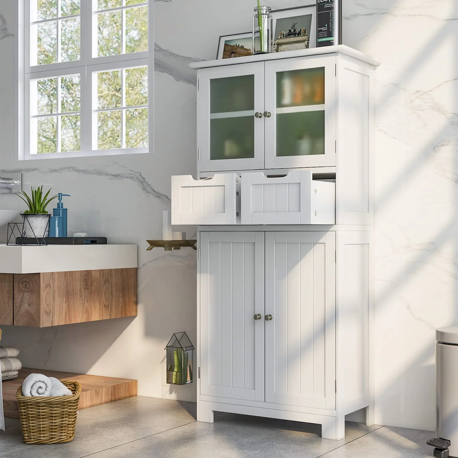 COSTWAY Badschrank mit 2 Schubladen und 4 Türen, Badezimmerschrank mit verstellbaren Regalen, Badkommode Aufbewahrungsschrank für Badezimmer, Küche, Wohnzimmer (Weiß) - Image 2