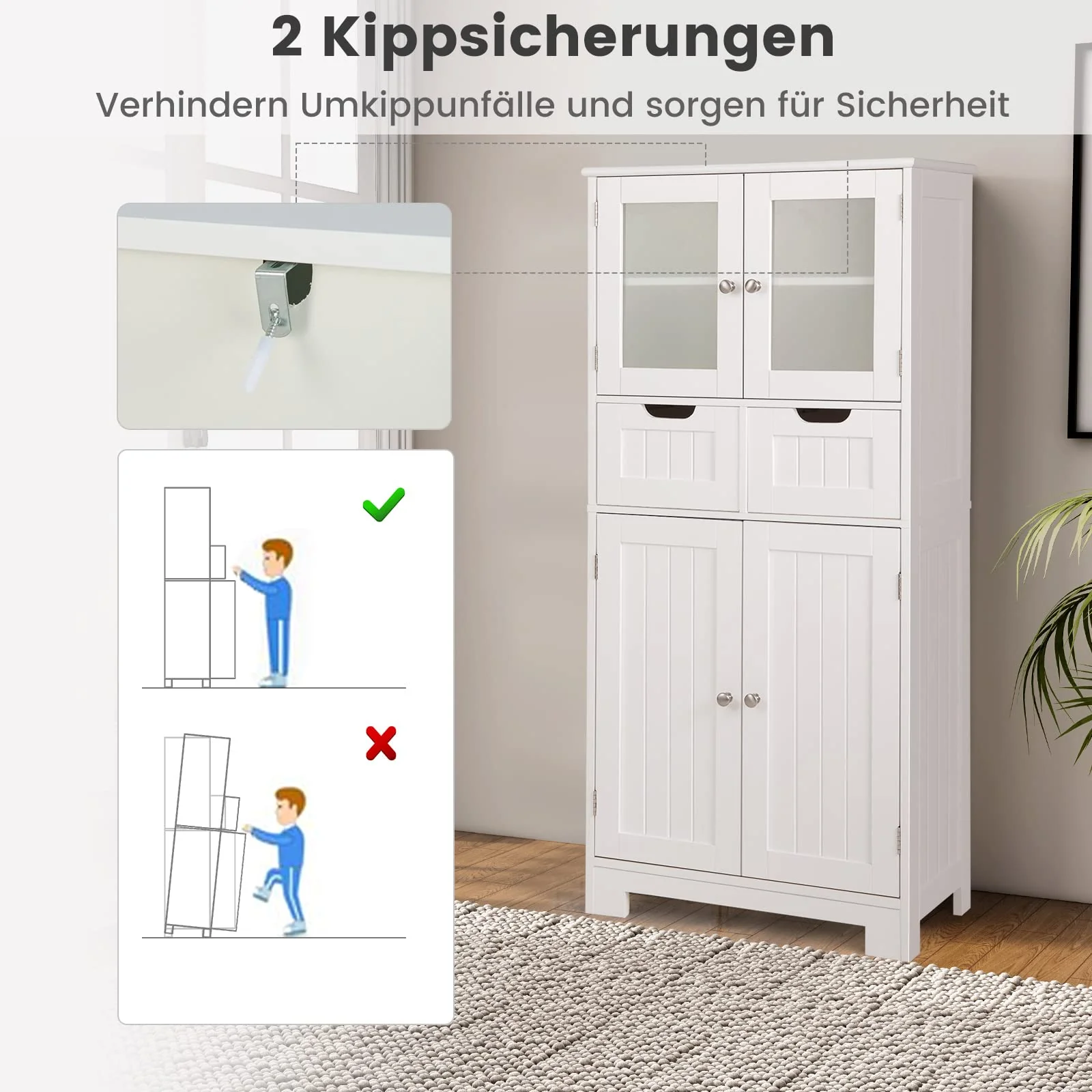 COSTWAY Badschrank mit 2 Schubladen und 4 Türen, Badezimmerschrank mit verstellbaren Regalen, Badkommode Aufbewahrungsschrank für Badezimmer, Küche, Wohnzimmer (Weiß) - Image 4