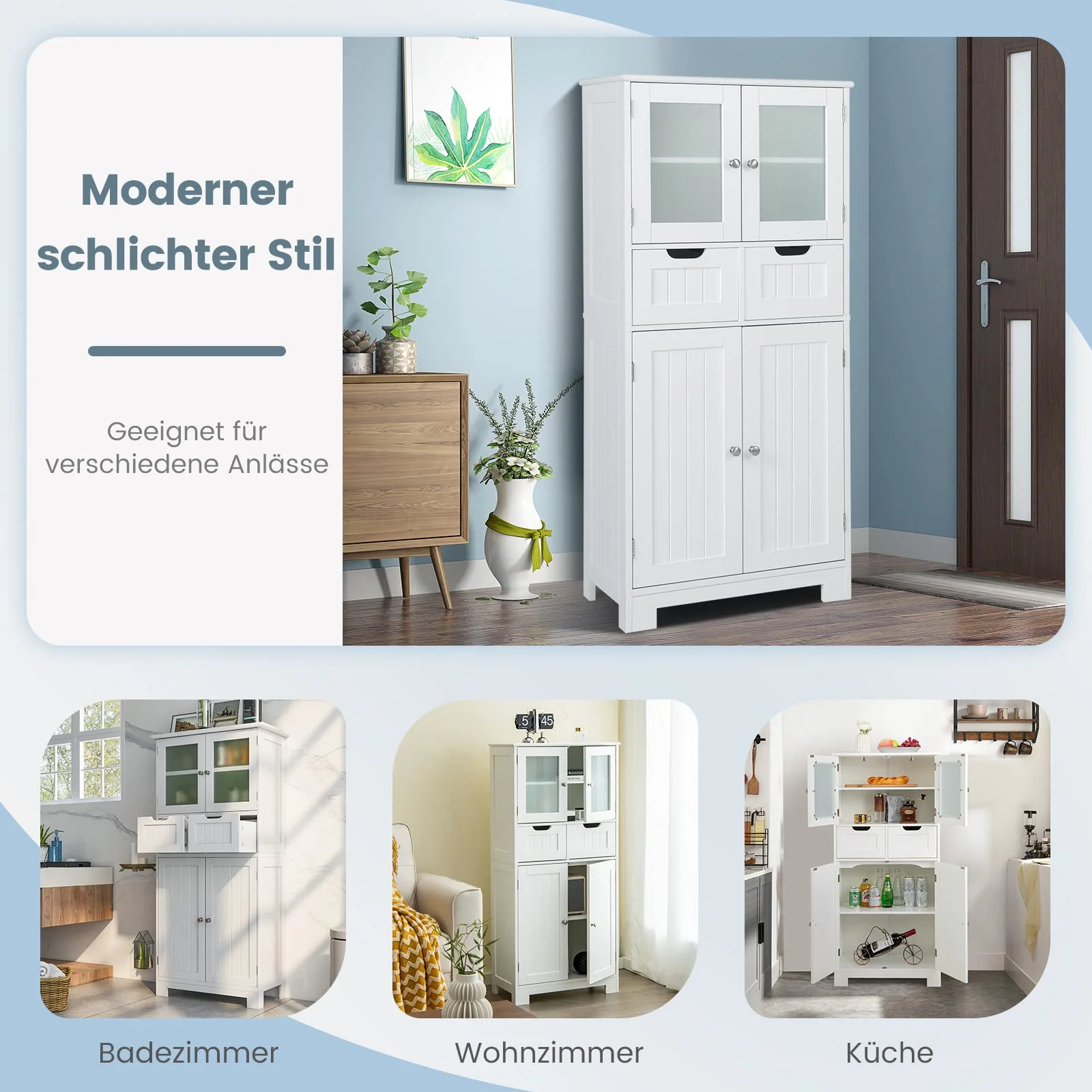 COSTWAY Badschrank mit 2 Schubladen und 4 Türen, Badezimmerschrank mit verstellbaren Regalen, Badkommode Aufbewahrungsschrank für Badezimmer, Küche, Wohnzimmer (Weiß) - Image 6