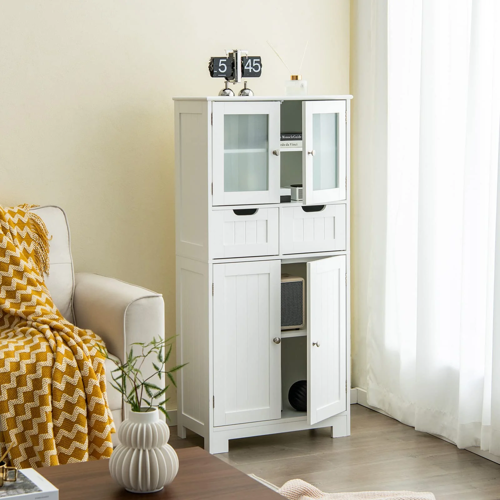 COSTWAY Badschrank mit 2 Schubladen und 4 Türen, Badezimmerschrank mit verstellbaren Regalen, Badkommode Aufbewahrungsschrank für Badezimmer, Küche, Wohnzimmer (Weiß) - Image 8